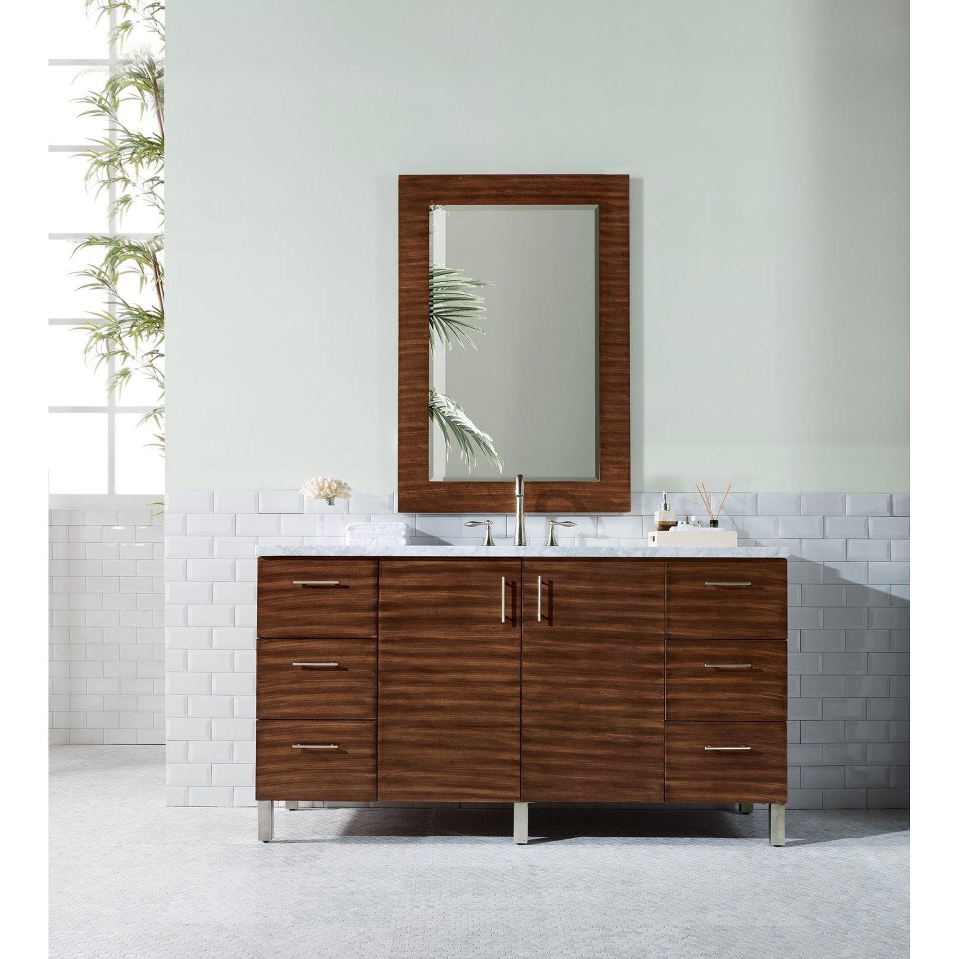 James Martin Metropolitan 60" Single American Walnut Bathroom Vanity With 1" Carrara Marble Top and Rectangular Ceramic Sink