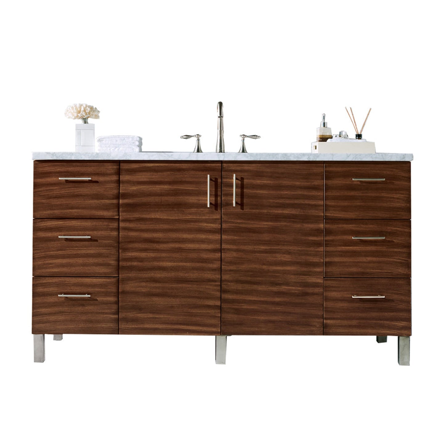 James Martin Metropolitan 60" Single American Walnut Bathroom Vanity With 1" Eternal Jasmine Pearl Quartz Top and Rectangular Ceramic Sink