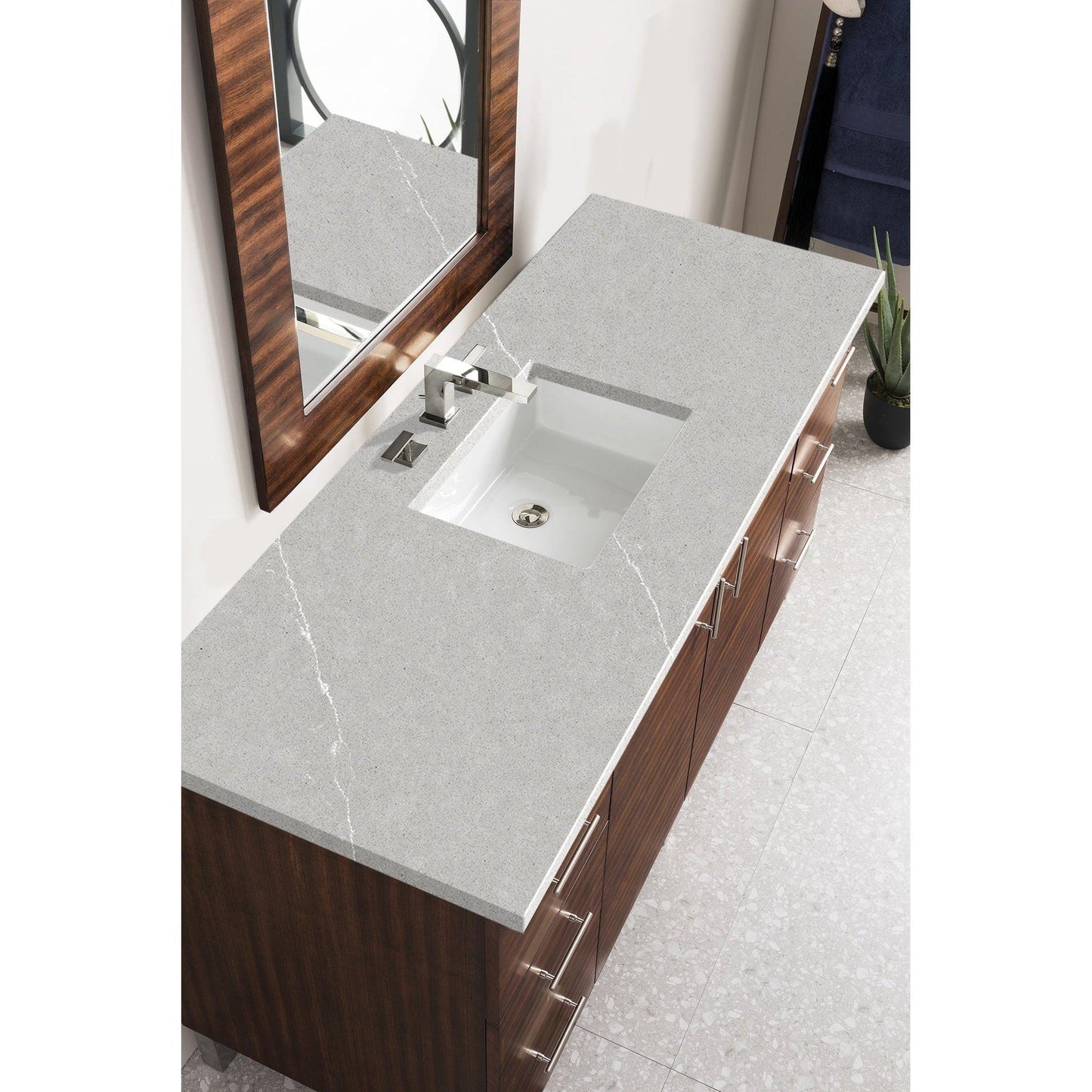 James Martin Metropolitan 60" Single American Walnut Bathroom Vanity With 1" Eternal Serena Quartz Top and Rectangular Ceramic Sink