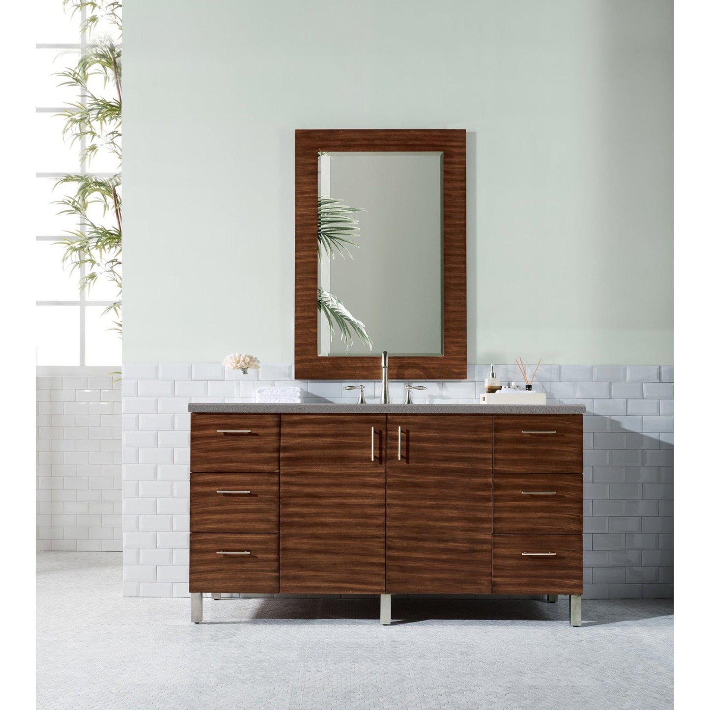 James Martin Metropolitan 60" Single American Walnut Bathroom Vanity With 1" Gray Expo Quartz Top and Rectangular Ceramic Sink
