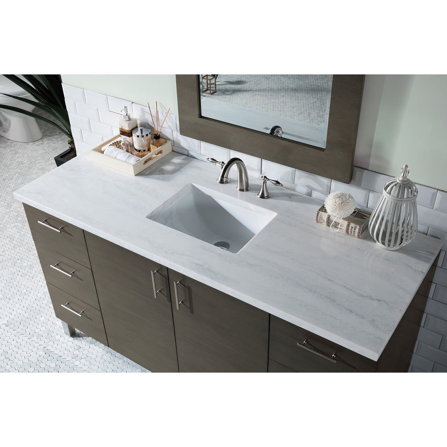 James Martin Metropolitan 60" Single Silver Oak Bathroom Vanity With 1" Arctic Fall Solid Surface Top and Rectangular Ceramic Sink