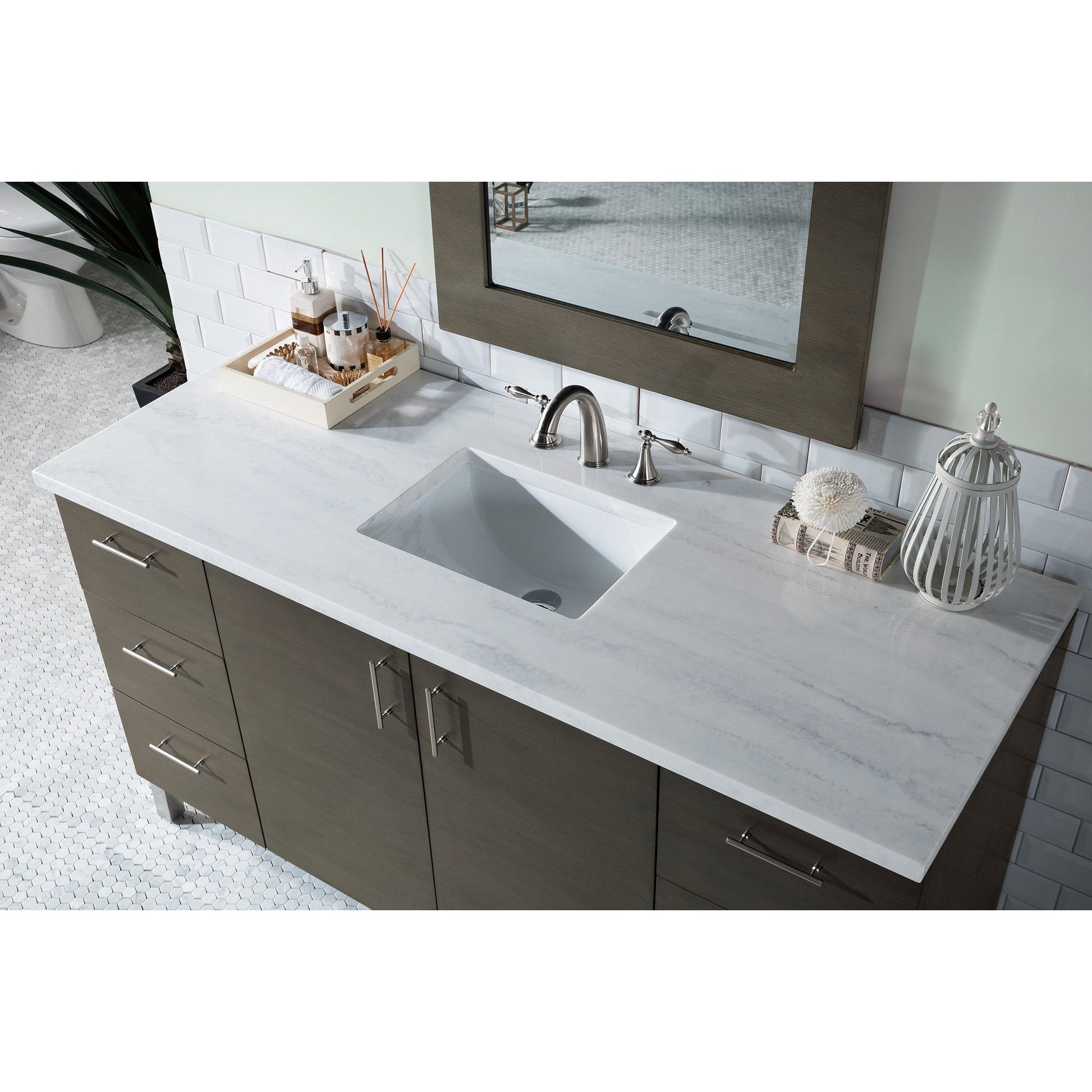 James Martin Metropolitan 60" Single Silver Oak Bathroom Vanity With 1" Arctic Fall Solid Surface Top and Rectangular Ceramic Sink