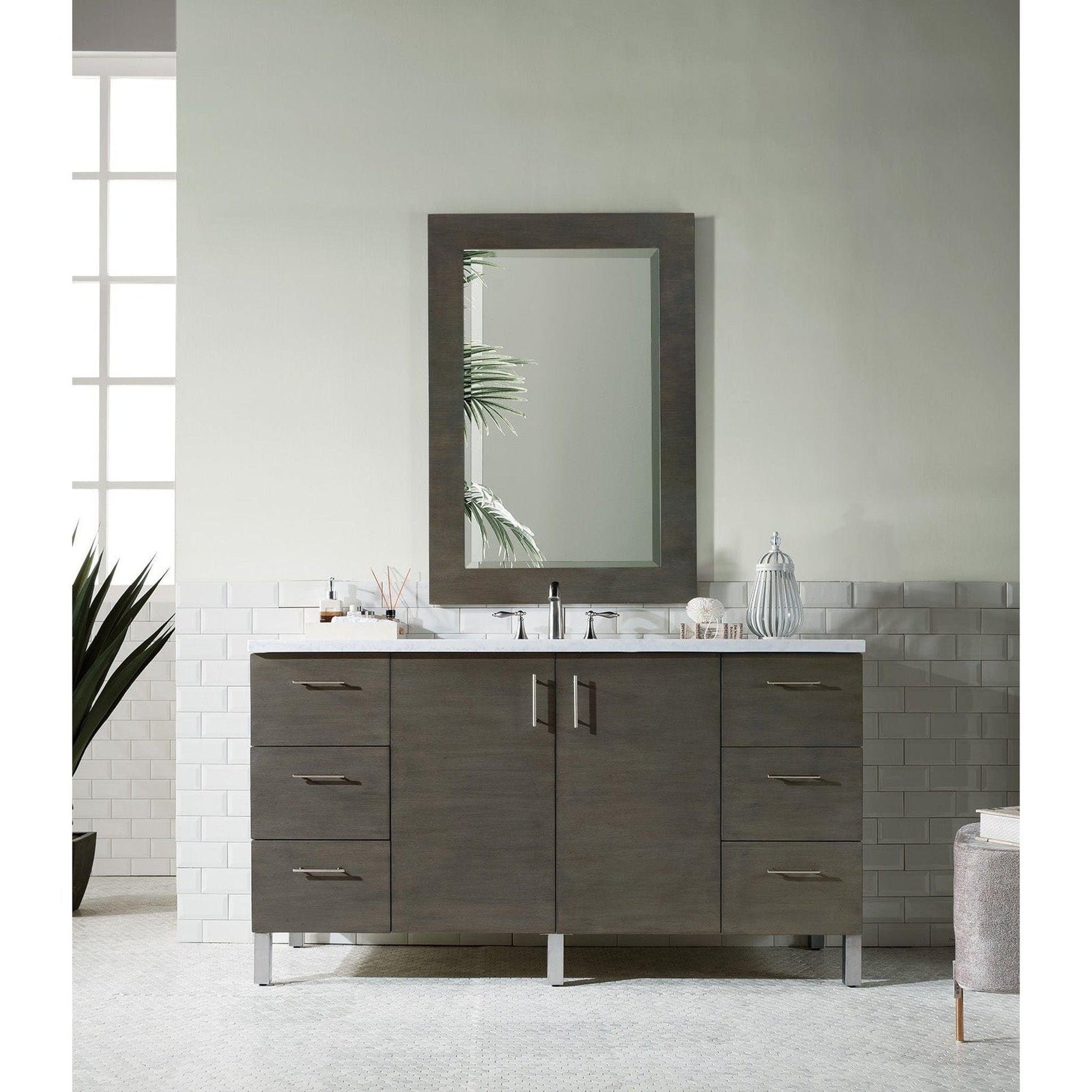 James Martin Metropolitan 60" Single Silver Oak Bathroom Vanity With 1" Arctic Fall Solid Surface Top and Rectangular Ceramic Sink