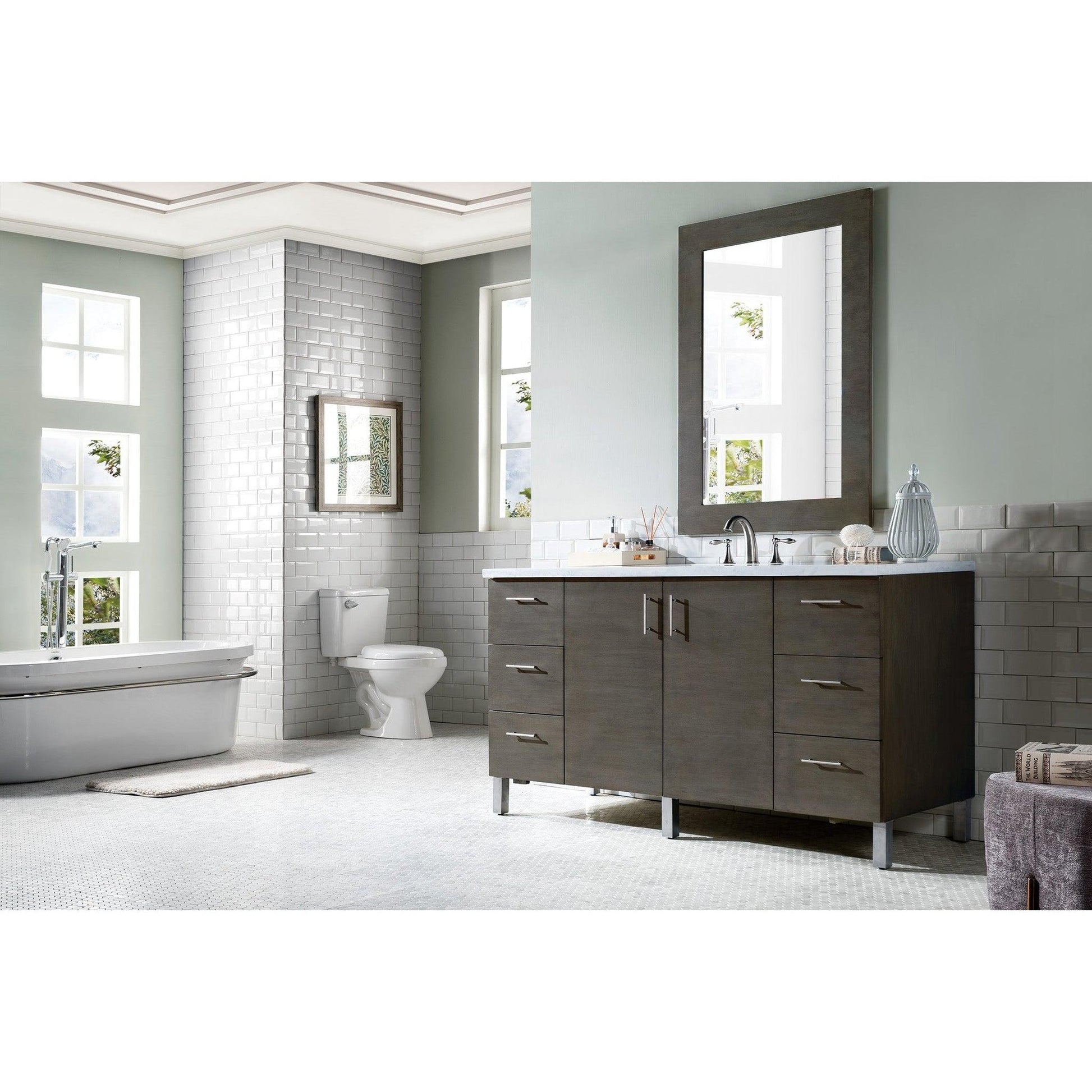 James Martin Metropolitan 60" Single Silver Oak Bathroom Vanity With 1" Arctic Fall Solid Surface Top and Rectangular Ceramic Sink