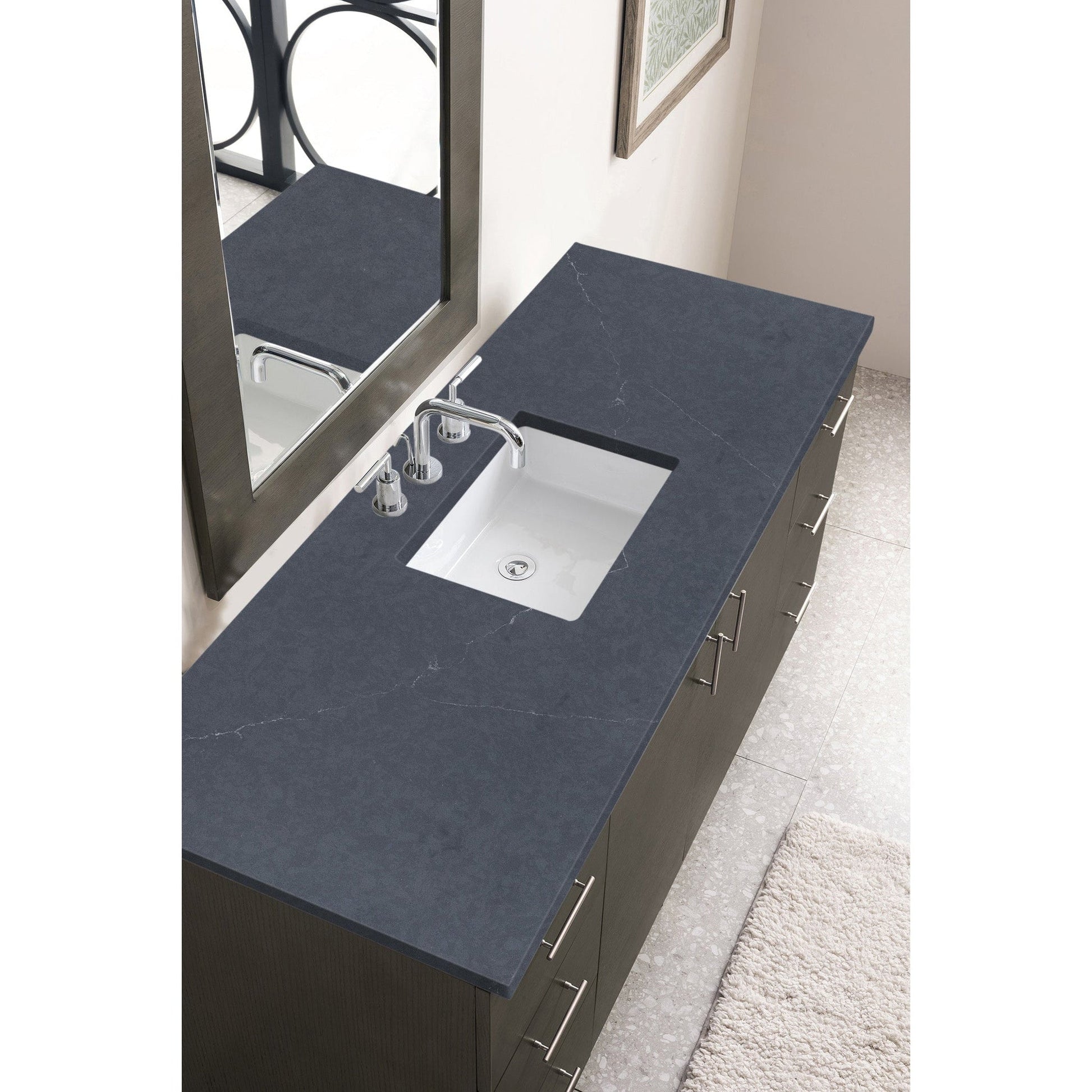 James Martin Metropolitan 60" Single Silver Oak Bathroom Vanity With 1" Charcoal Soapstone Quartz Top and Rectangular Ceramic Sink
