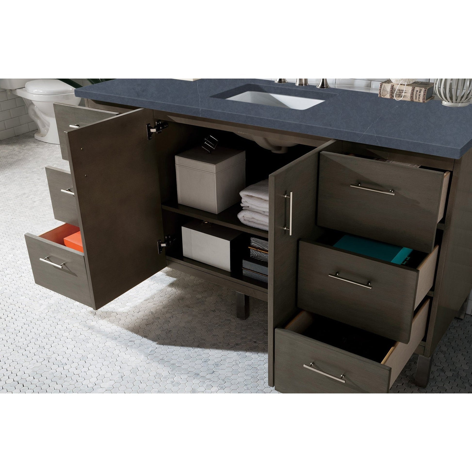 James Martin Metropolitan 60" Single Silver Oak Bathroom Vanity With 1" Charcoal Soapstone Quartz Top and Rectangular Ceramic Sink