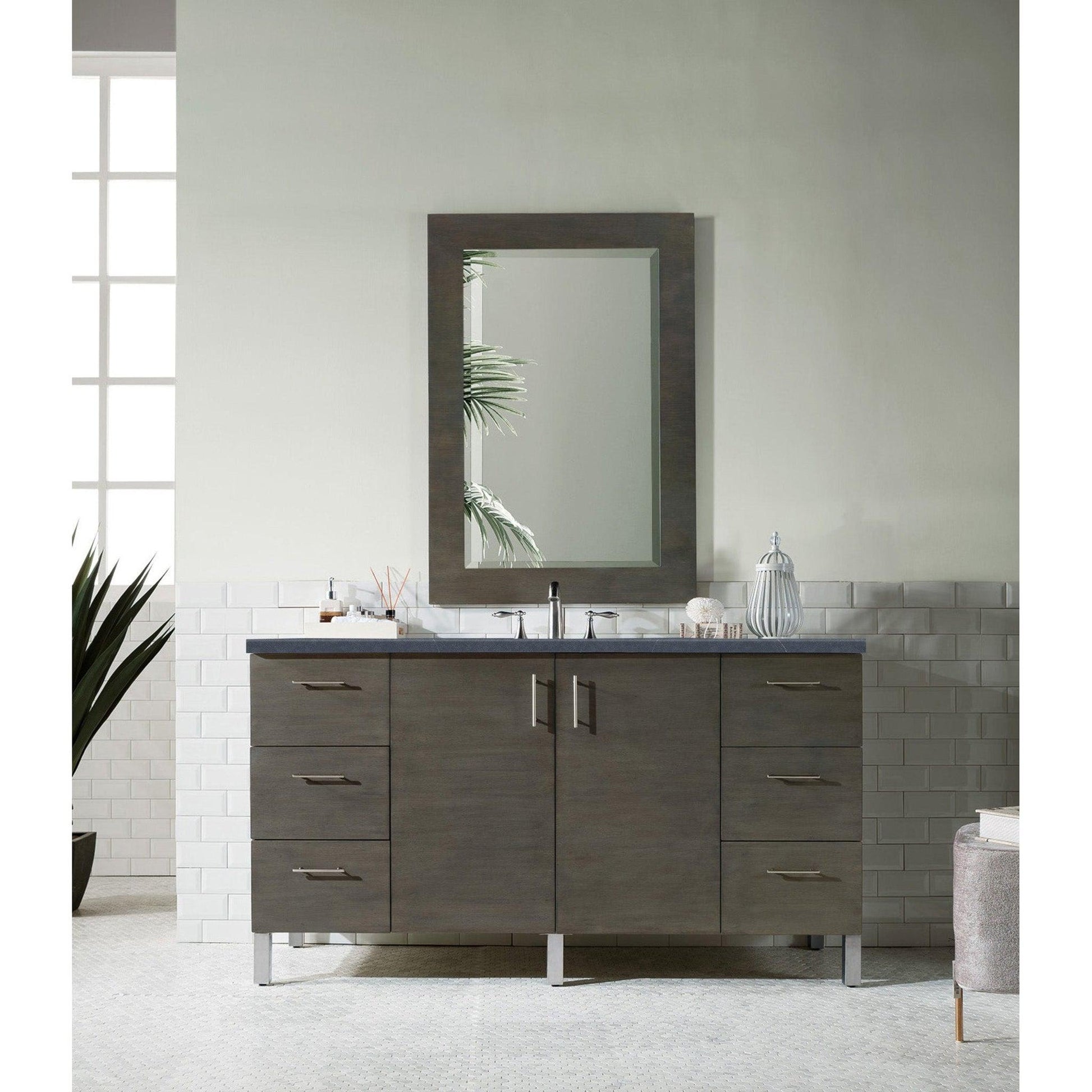 James Martin Metropolitan 60" Single Silver Oak Bathroom Vanity With 1" Charcoal Soapstone Quartz Top and Rectangular Ceramic Sink