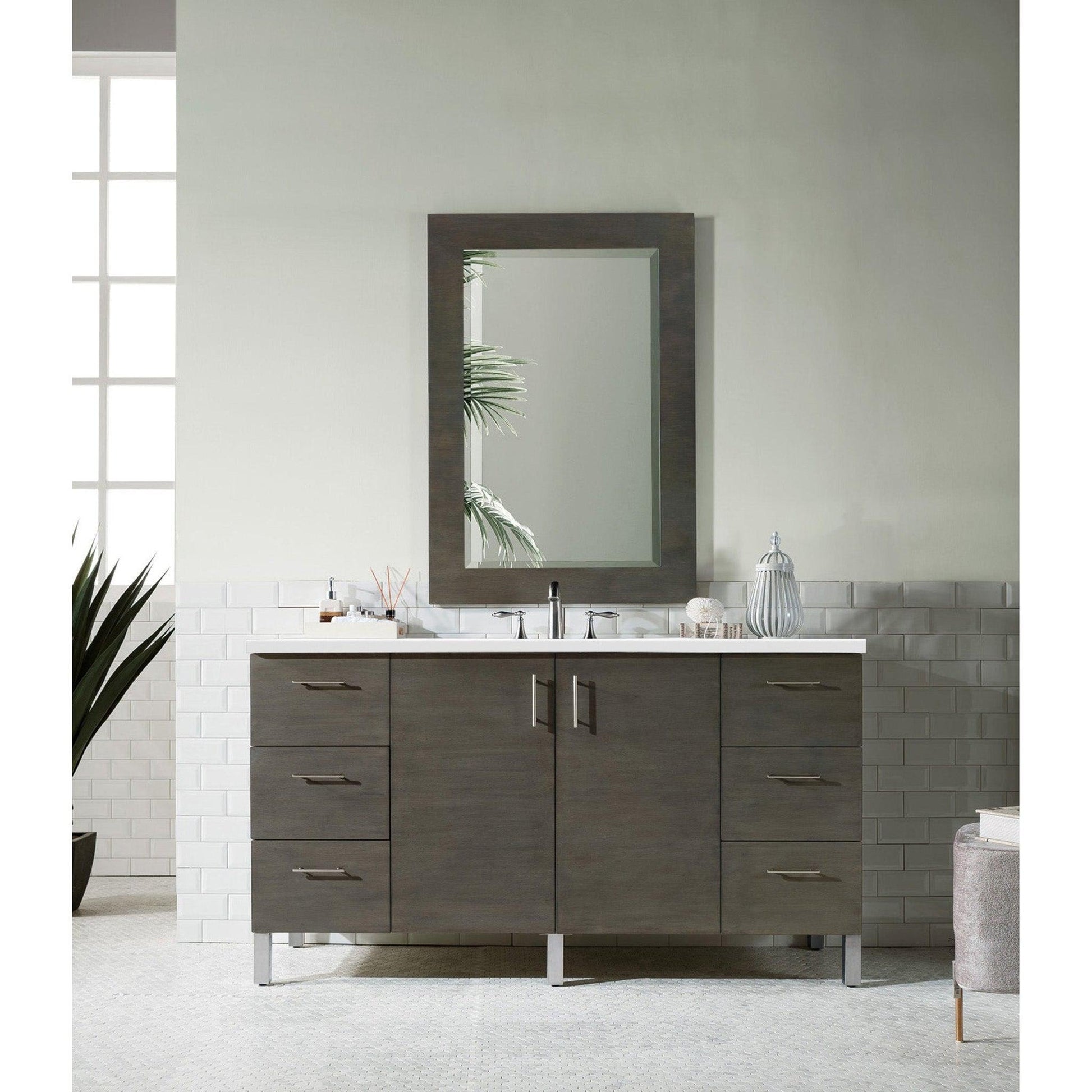 James Martin Metropolitan 60" Single Silver Oak Bathroom Vanity With 1" Classic White Quartz Top and Rectangular Ceramic Sink
