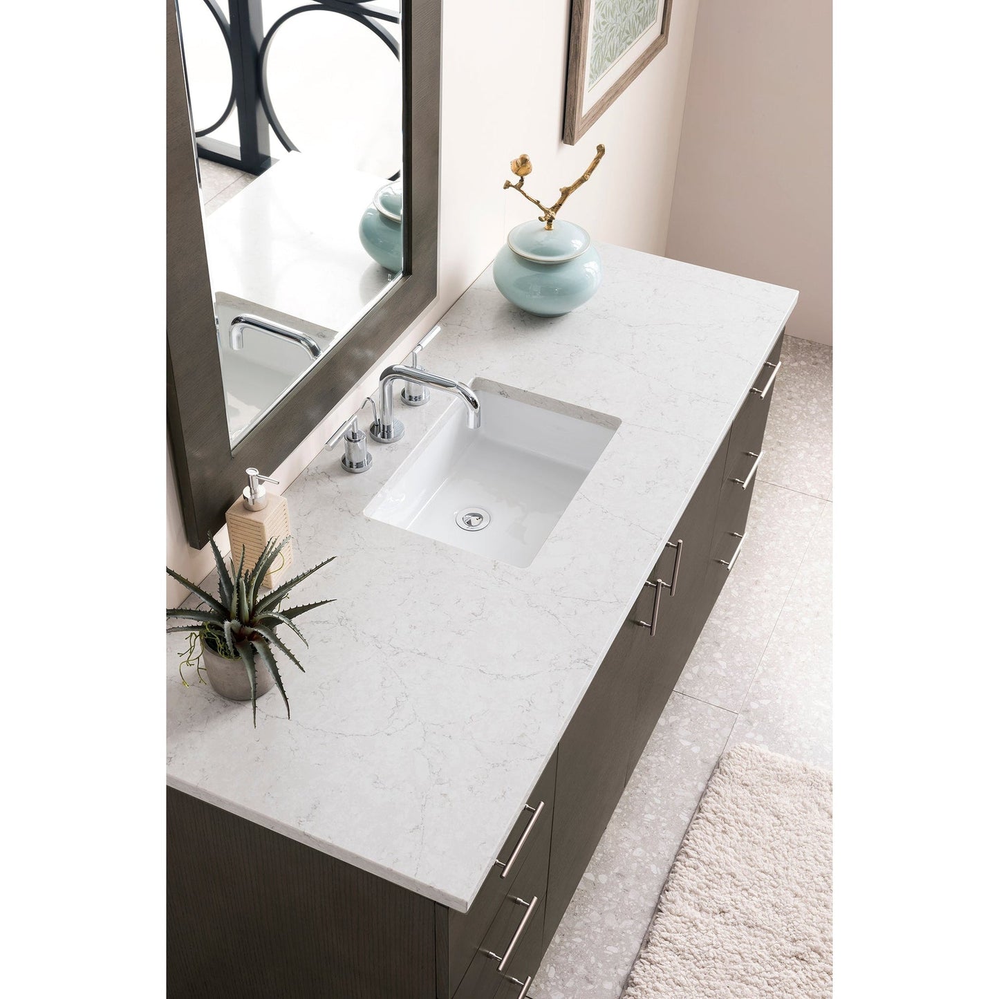 James Martin Metropolitan 60" Single Silver Oak Bathroom Vanity With 1" Eternal Jasmine Pearl Quartz Top and Rectangular Ceramic Sink