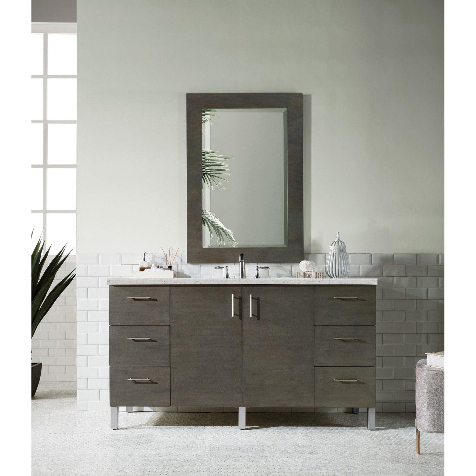 James Martin Metropolitan 60" Single Silver Oak Bathroom Vanity With 1" Eternal Jasmine Pearl Quartz Top and Rectangular Ceramic Sink