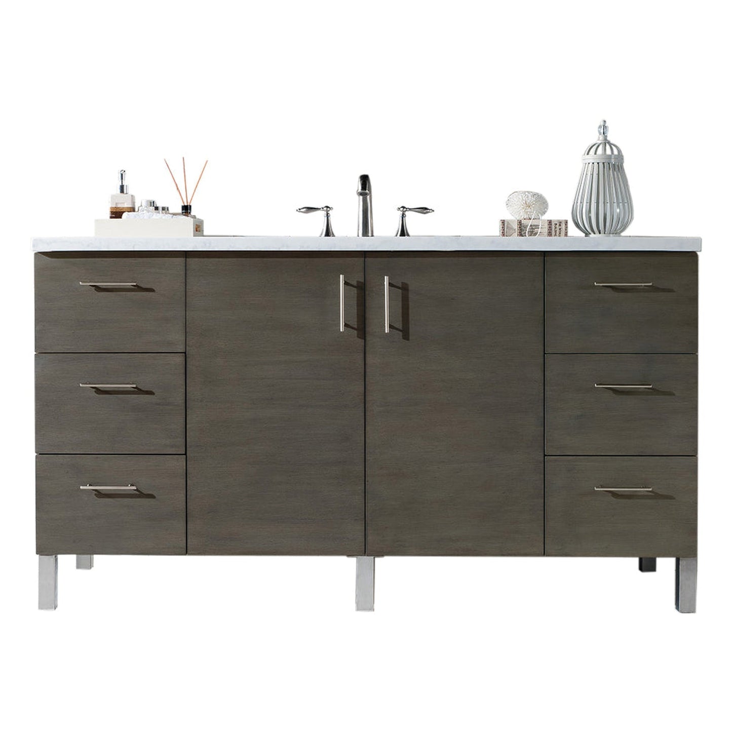 James Martin Metropolitan 60" Single Silver Oak Bathroom Vanity With 1" Eternal Jasmine Pearl Quartz Top and Rectangular Ceramic Sink