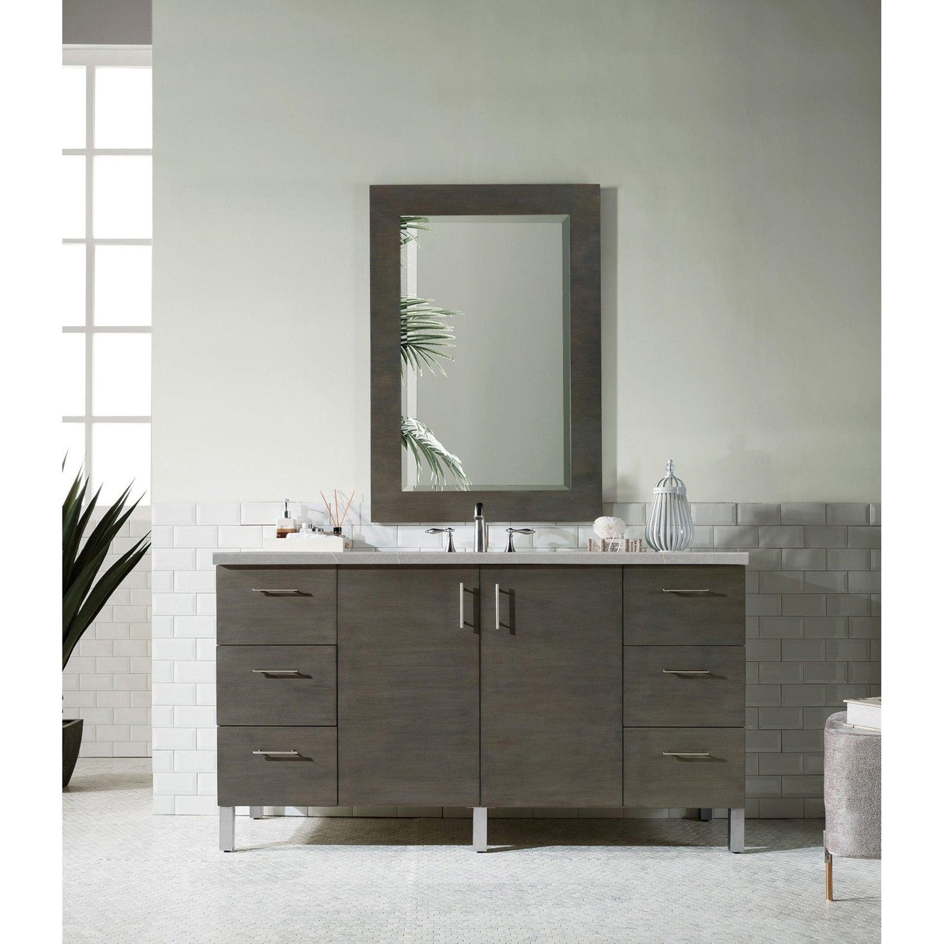 James Martin Metropolitan 60" Single Silver Oak Bathroom Vanity With 1" Eternal Serena Quartz Top and Rectangular Ceramic Sink