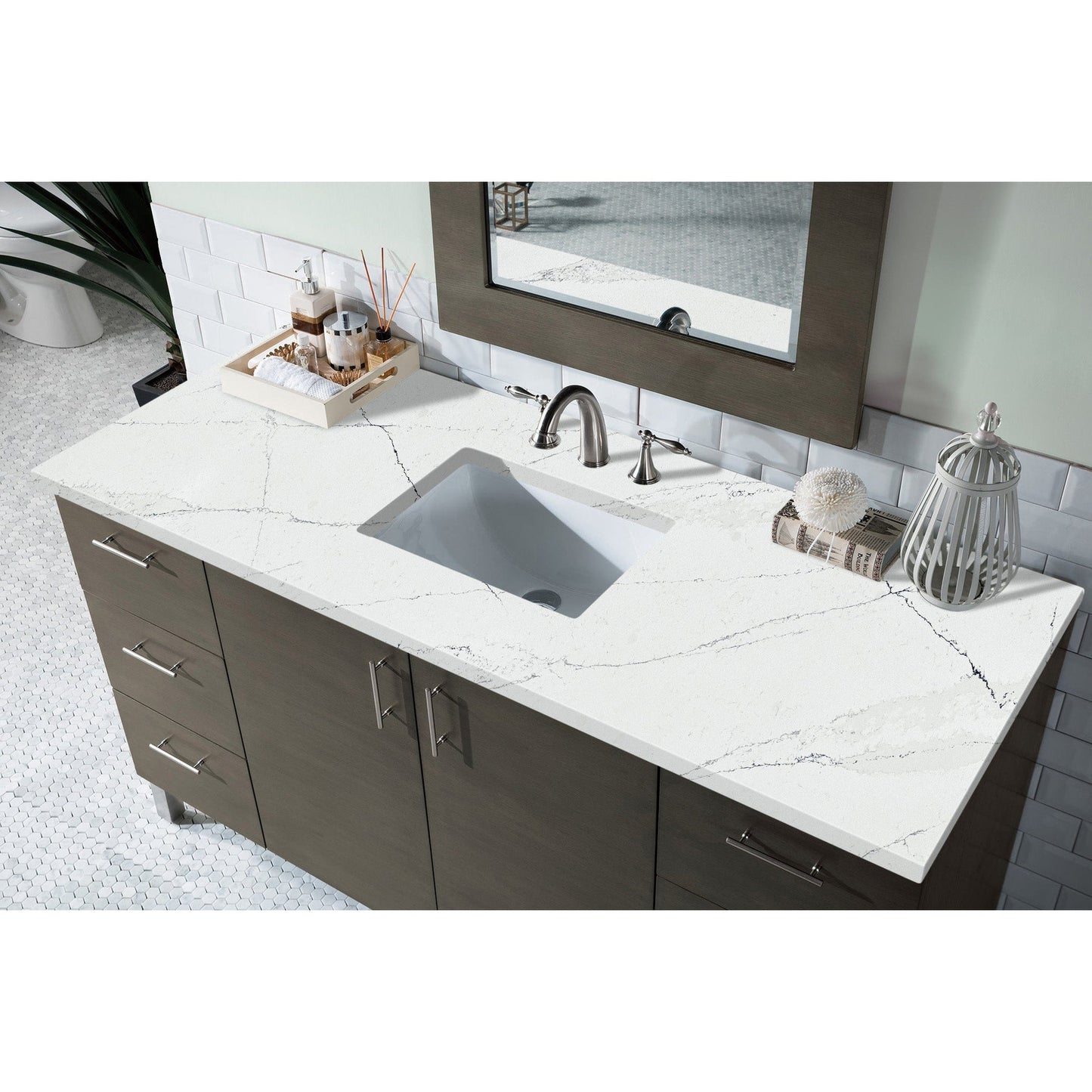 James Martin Metropolitan 60" Single Silver Oak Bathroom Vanity With 1" Ethereal Noctis Quartz Top and Rectangular Ceramic Sink