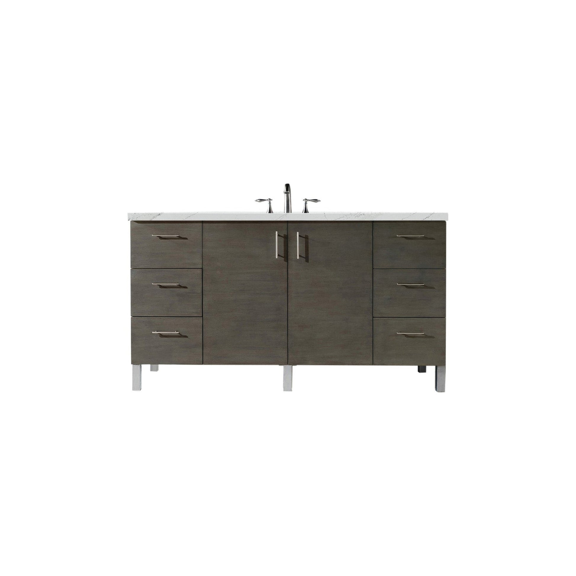 James Martin Metropolitan 60" Single Silver Oak Bathroom Vanity With 1" Ethereal Noctis Quartz Top and Rectangular Ceramic Sink