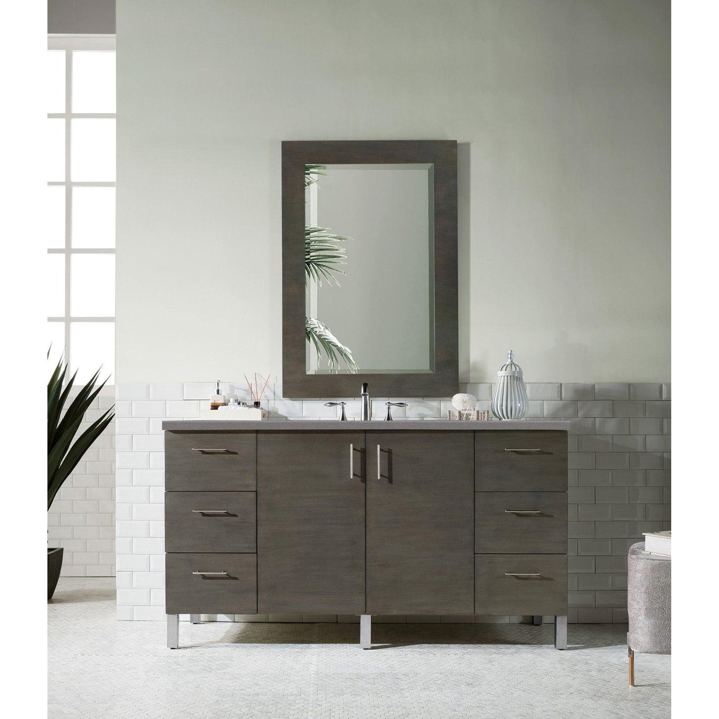 James Martin Metropolitan 60" Single Silver Oak Bathroom Vanity With 1" Gray Expo Quartz Top and Rectangular Ceramic Sink