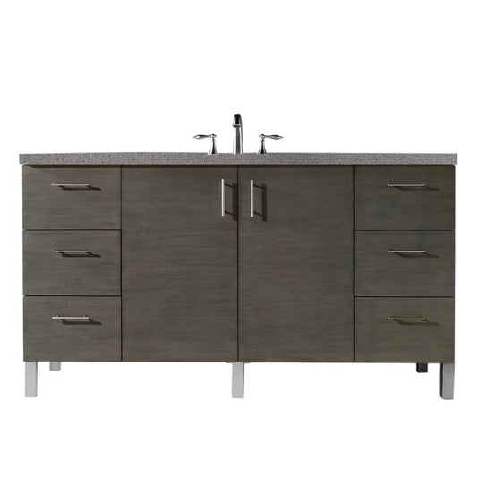 James Martin Metropolitan 60" Single Silver Oak Bathroom Vanity With 1" Gray Expo Quartz Top and Rectangular Ceramic Sink