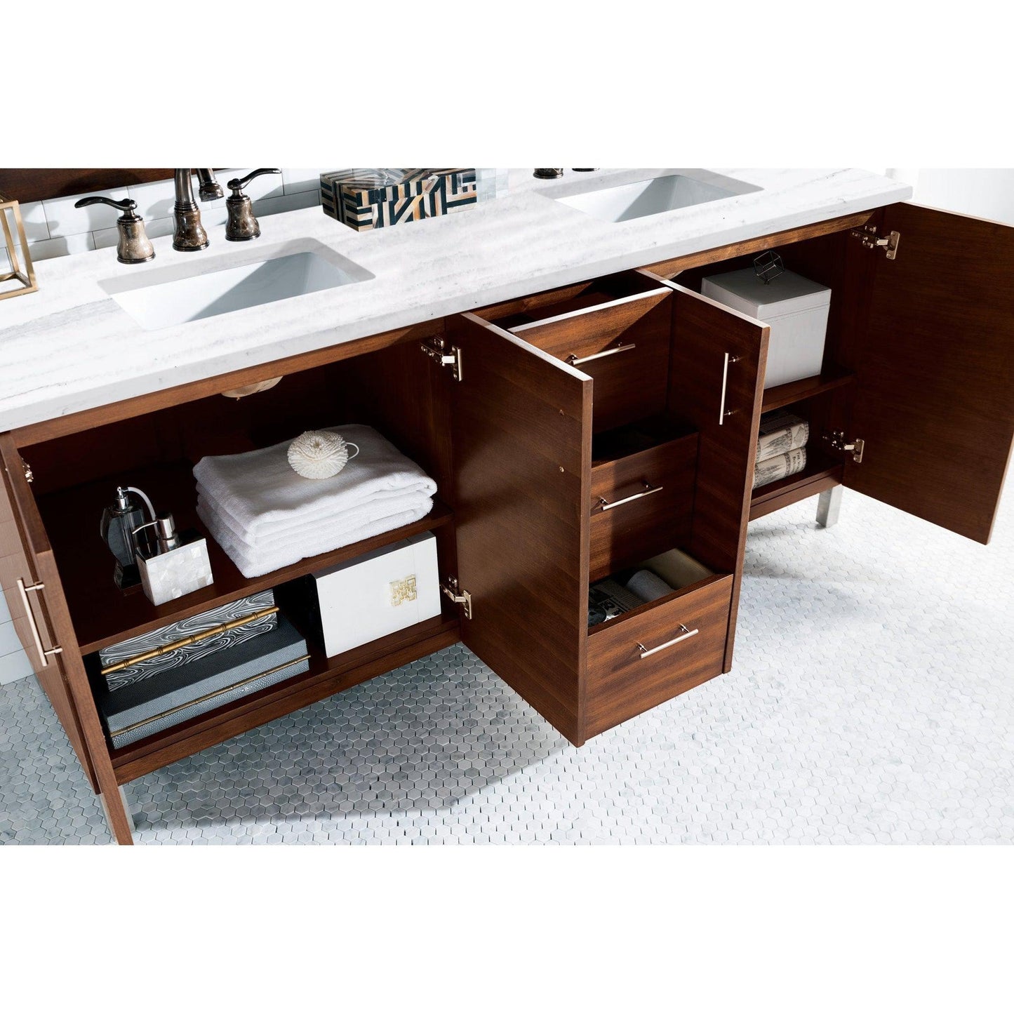 James Martin Metropolitan 72" Double American Walnut Bathroom Vanity With 1" Arctic Fall Solid Surface Top and Rectangular Ceramic Sink