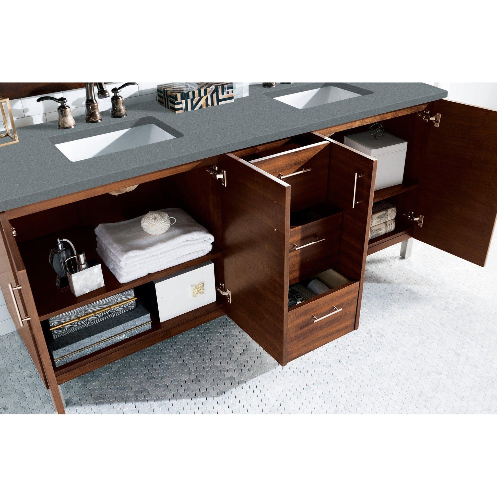 James Martin Metropolitan 72" Double American Walnut Bathroom Vanity With 1" Cala Blue Quartz Top and Rectangular Ceramic Sink