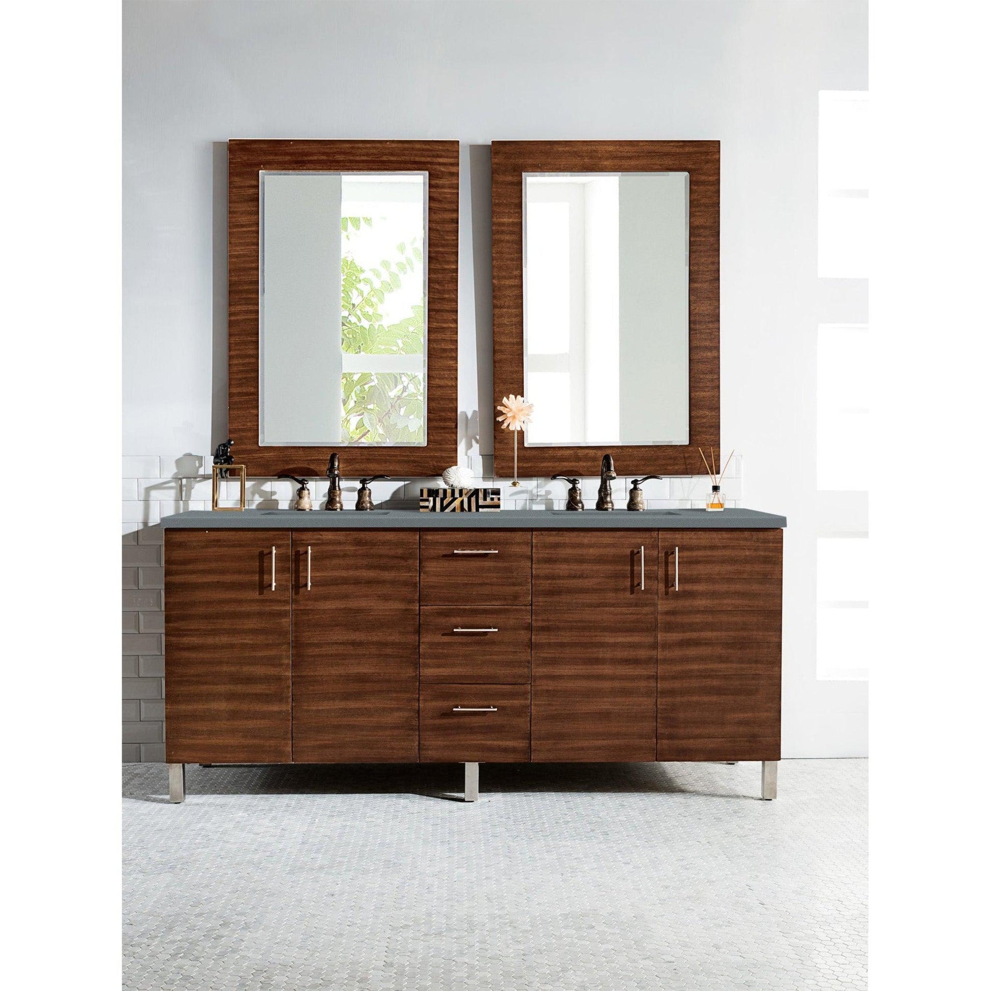 James Martin Metropolitan 72" Double American Walnut Bathroom Vanity With 1" Cala Blue Quartz Top and Rectangular Ceramic Sink