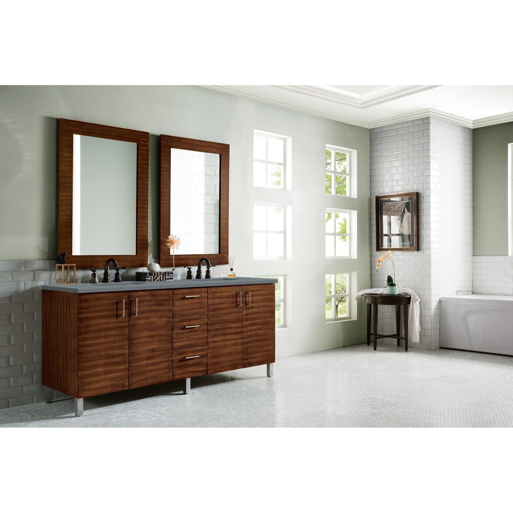 James Martin Metropolitan 72" Double American Walnut Bathroom Vanity With 1" Cala Blue Quartz Top and Rectangular Ceramic Sink
