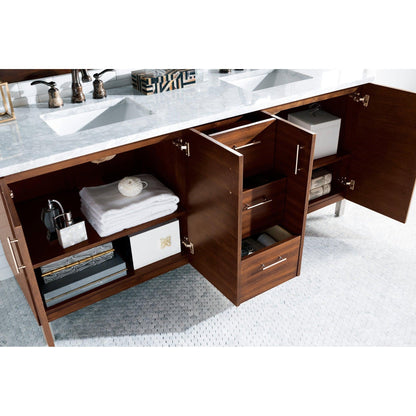 James Martin Metropolitan 72" Double American Walnut Bathroom Vanity With 1" Carrara Marble Top and Rectangular Ceramic Sink