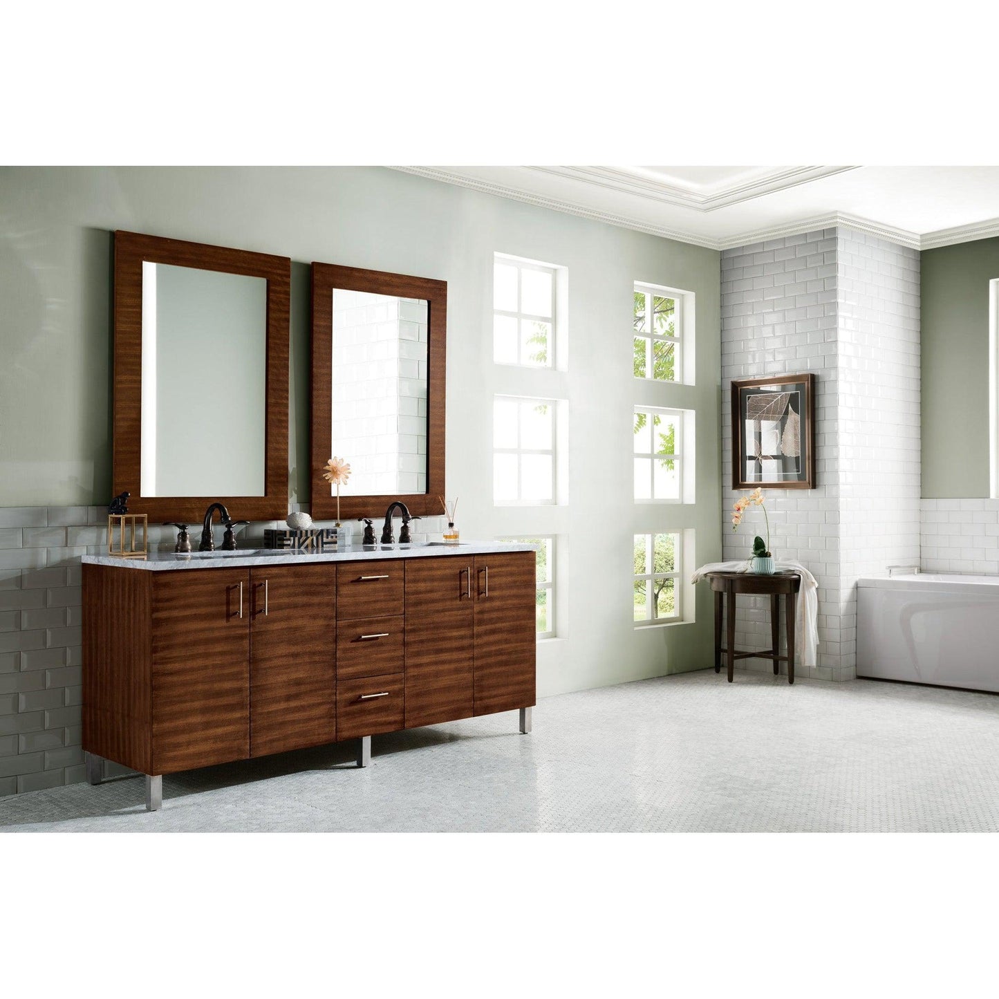 James Martin Metropolitan 72" Double American Walnut Bathroom Vanity With 1" Carrara Marble Top and Rectangular Ceramic Sink