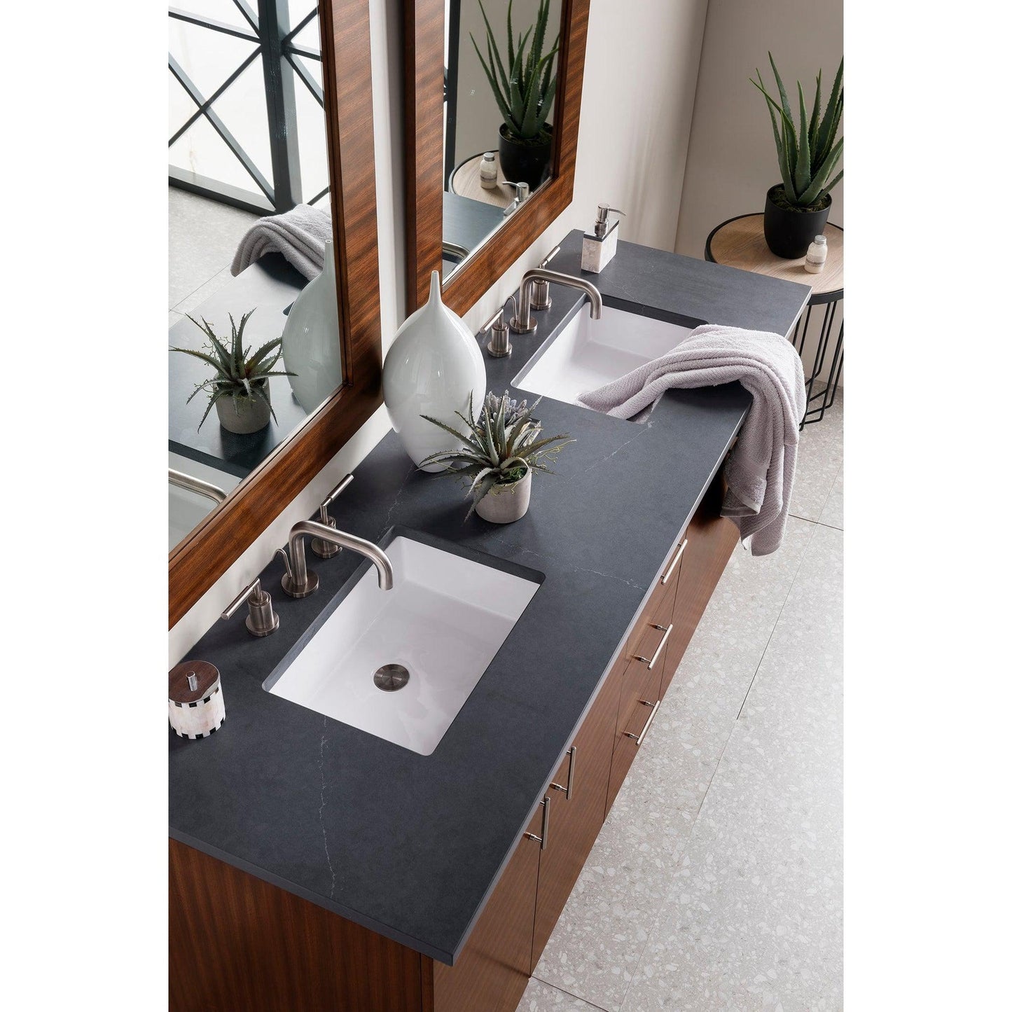 James Martin Metropolitan 72" Double American Walnut Bathroom Vanity With 1" Charcoal Soapstone Quartz Top and Rectangular Ceramic Sink