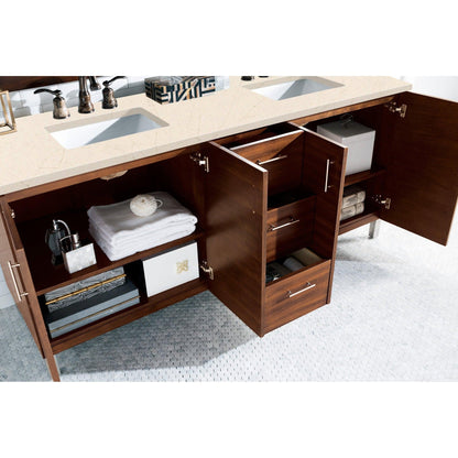 James Martin Metropolitan 72" Double American Walnut Bathroom Vanity With 1" Eternal Marfil Quartz Top and Rectangular Ceramic Sink