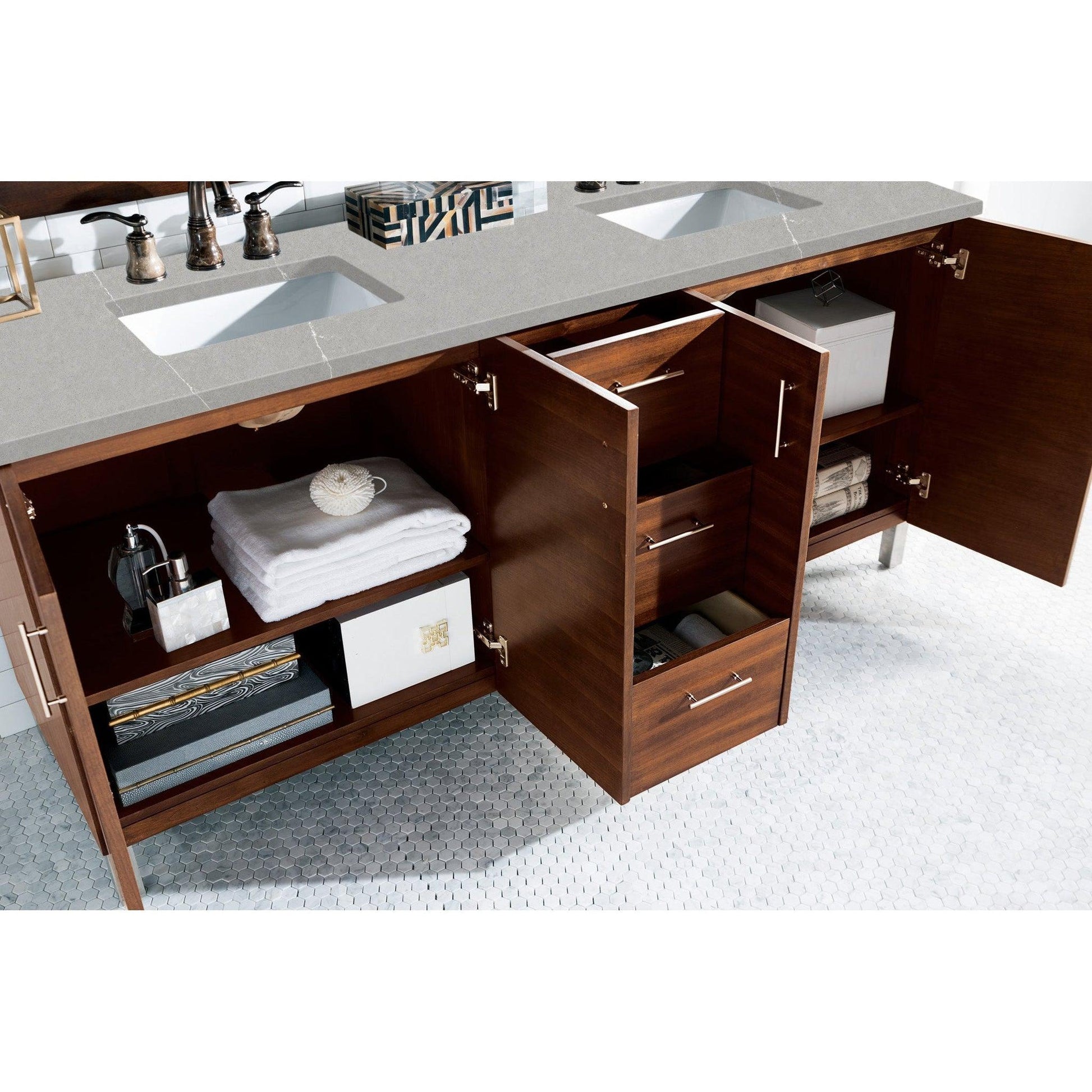 James Martin Metropolitan 72" Double American Walnut Bathroom Vanity With 1" Eternal Serena Quartz Top and Rectangular Ceramic Sink