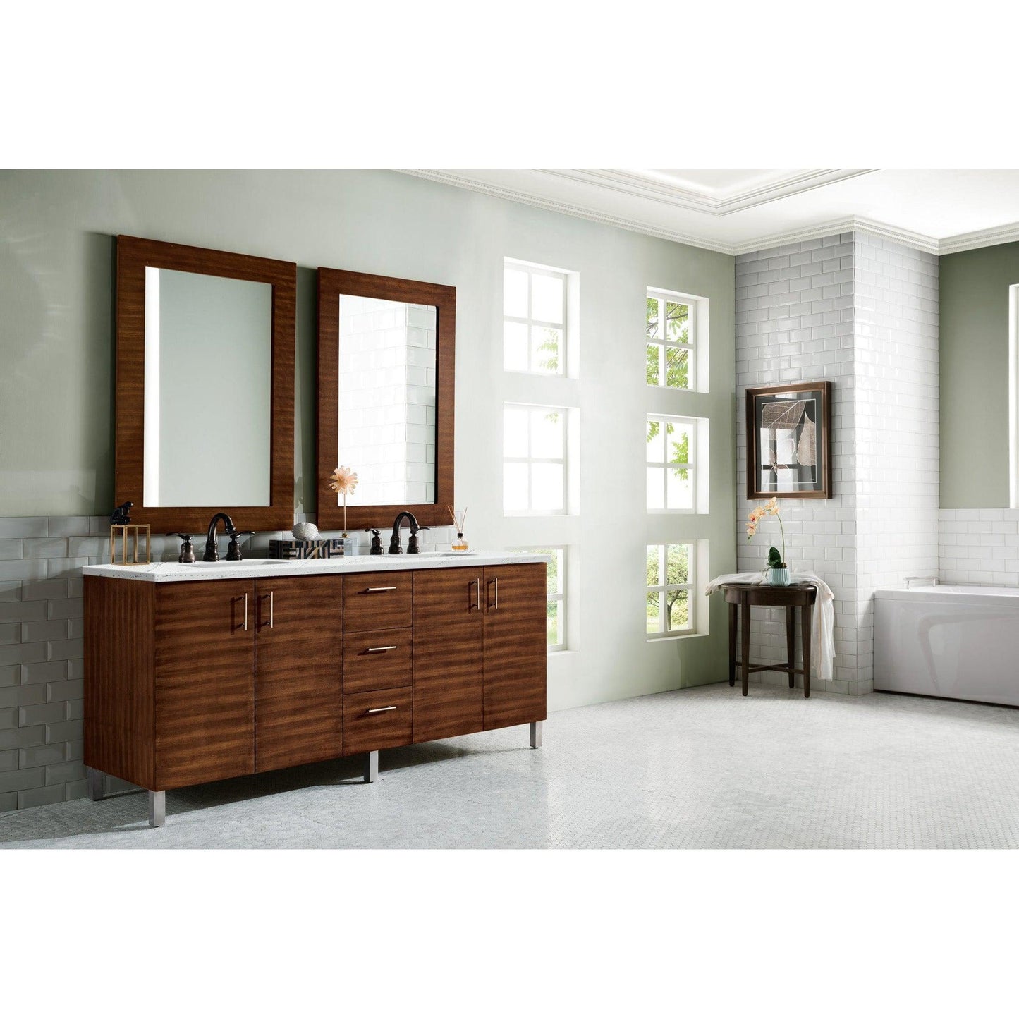 James Martin Metropolitan 72" Double American Walnut Bathroom Vanity With 1" Ethereal Noctis Quartz Top and Rectangular Ceramic Sink