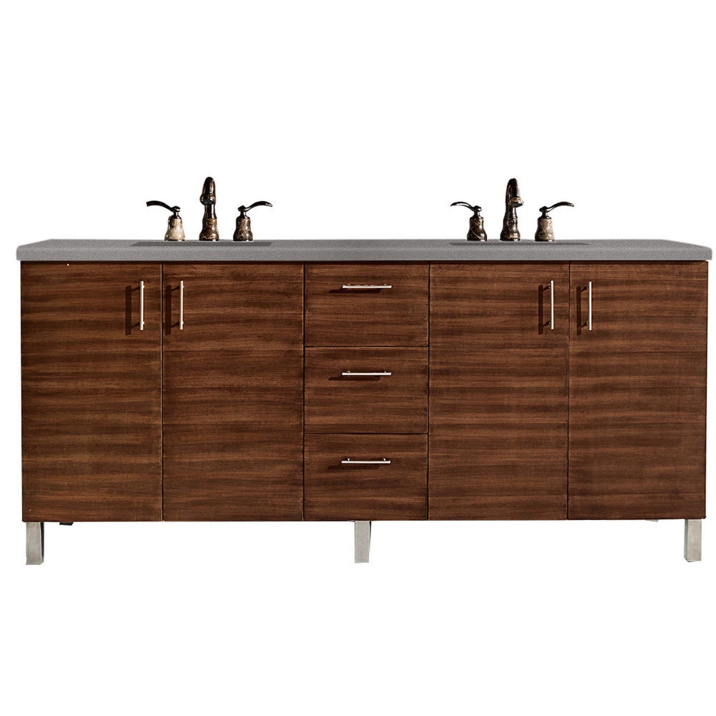 James Martin Metropolitan 72" Double American Walnut Bathroom Vanity With 1" Gray Expo Quartz Top and Rectangular Ceramic Sink