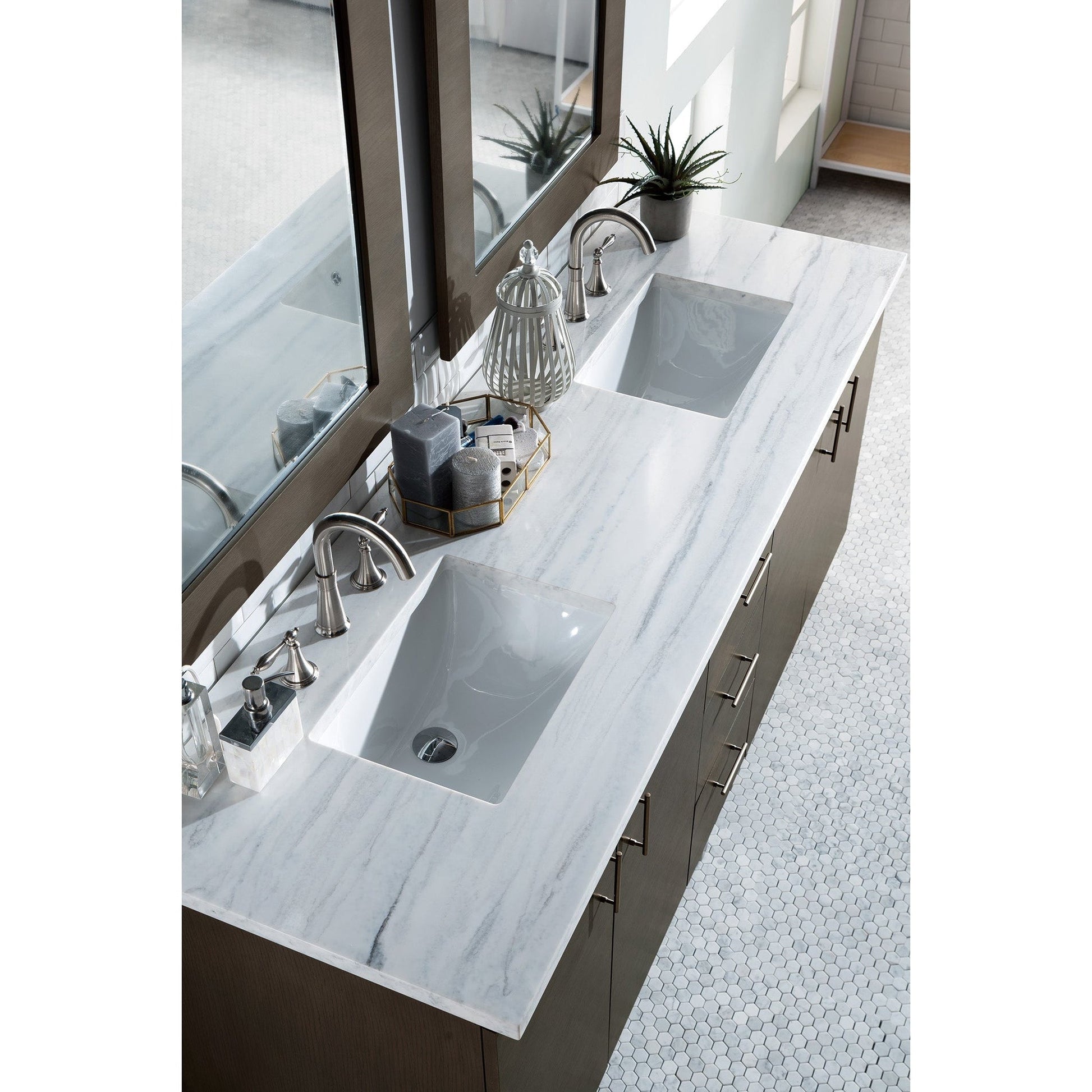 James Martin Metropolitan 72" Double Silver Oak Bathroom Vanity With 1" Arctic Fall Solid Surface Top and Rectangular Ceramic Sink