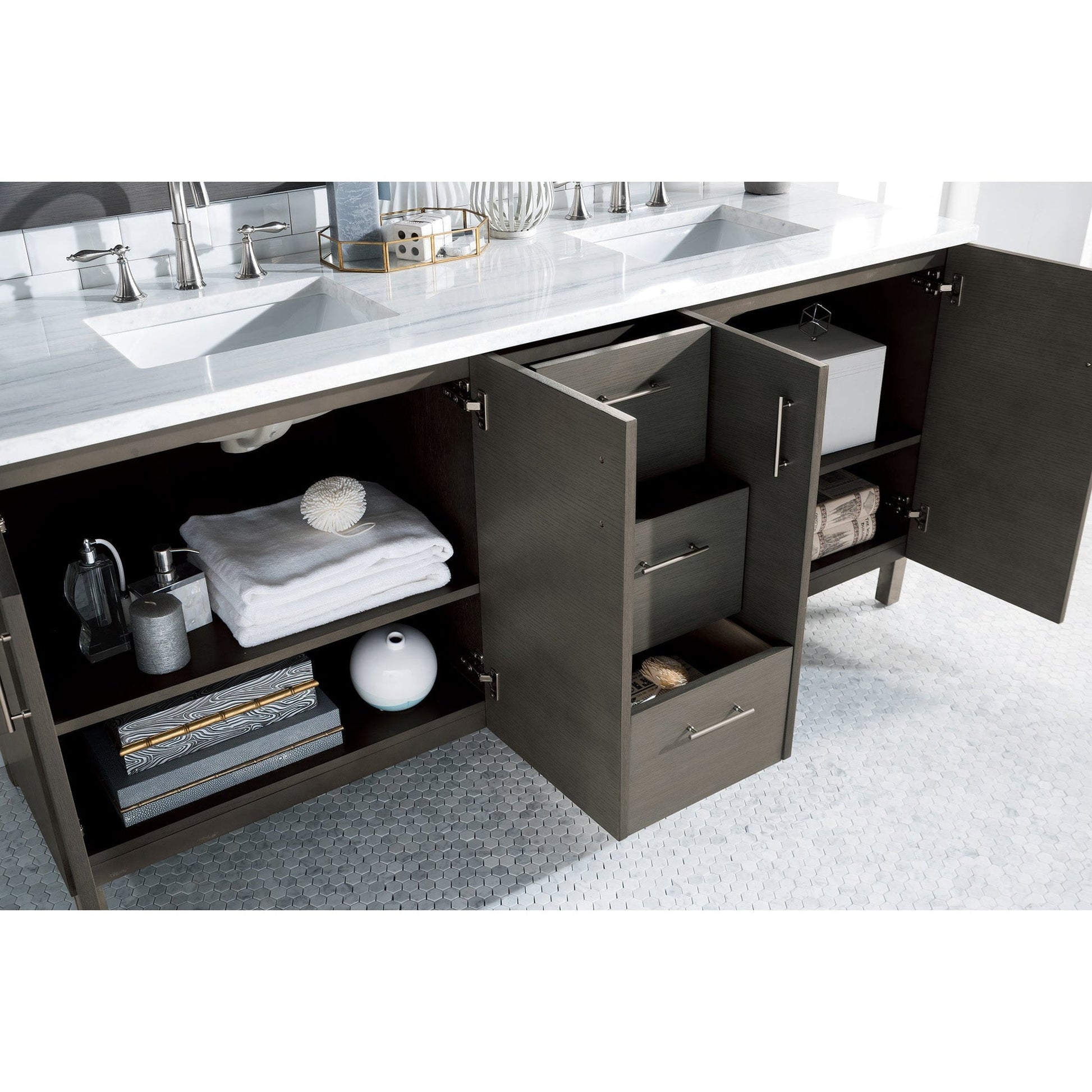 James Martin Metropolitan 72" Double Silver Oak Bathroom Vanity With 1" Arctic Fall Solid Surface Top and Rectangular Ceramic Sink