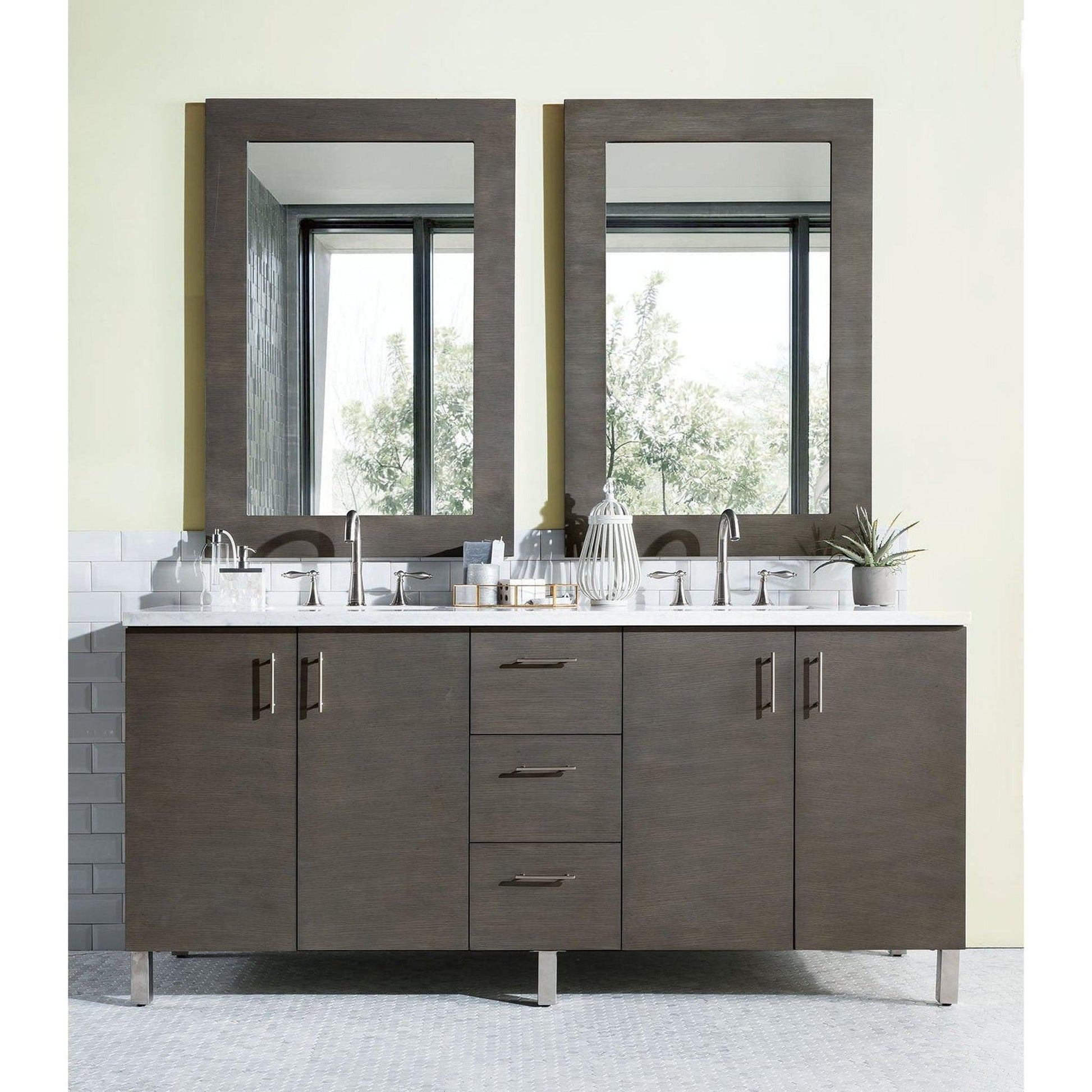 James Martin Metropolitan 72" Double Silver Oak Bathroom Vanity With 1" Arctic Fall Solid Surface Top and Rectangular Ceramic Sink