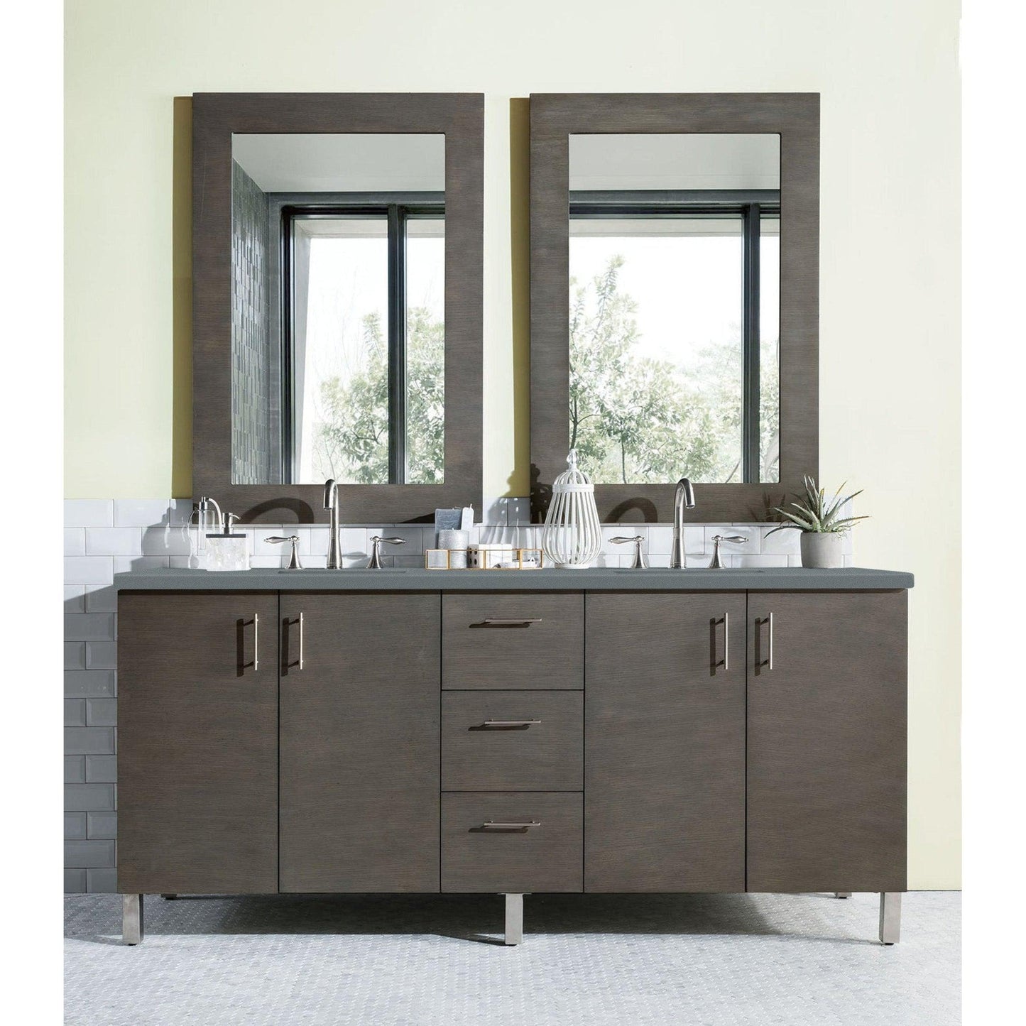 James Martin Metropolitan 72" Double Silver Oak Bathroom Vanity With 1" Cala Blue Quartz Top and Rectangular Ceramic Sink