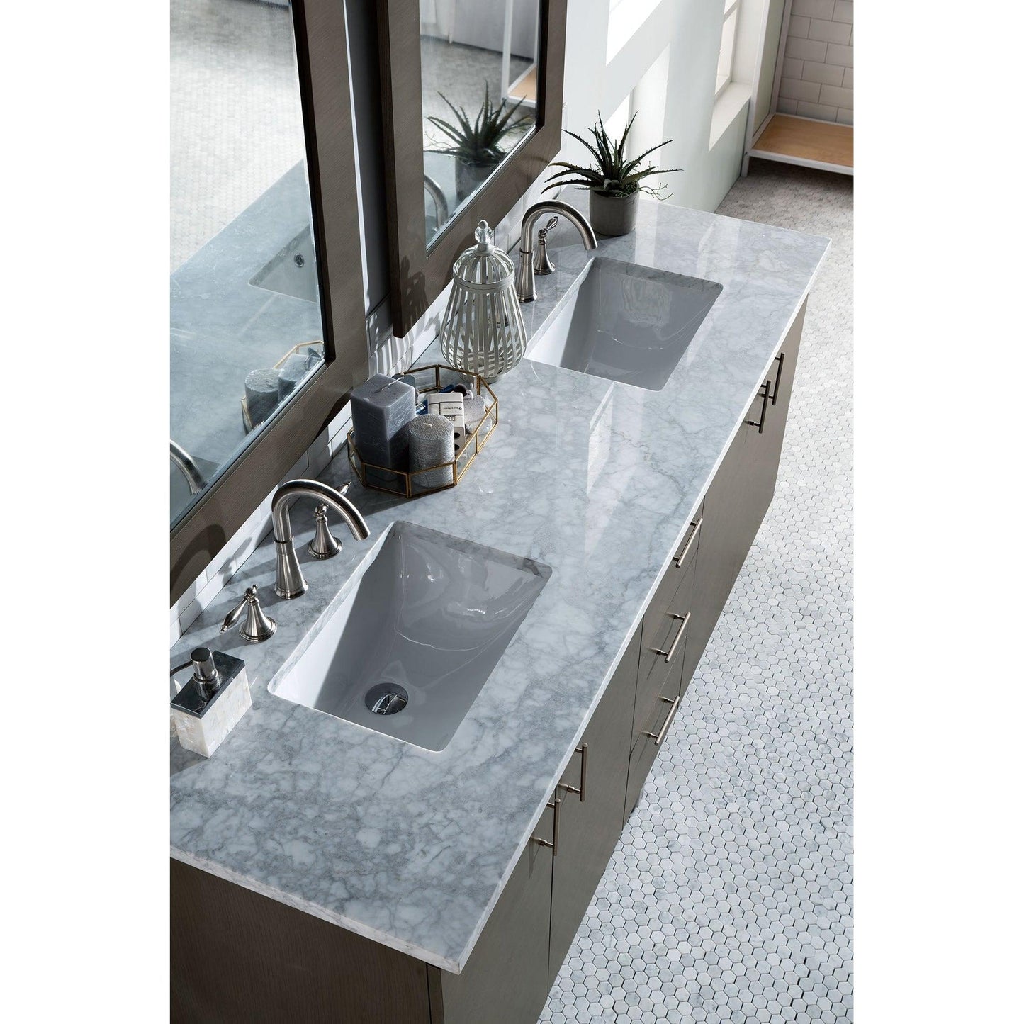 James Martin Metropolitan 72" Double Silver Oak Bathroom Vanity With 1" Carrara Marble Top and Rectangular Ceramic Sink