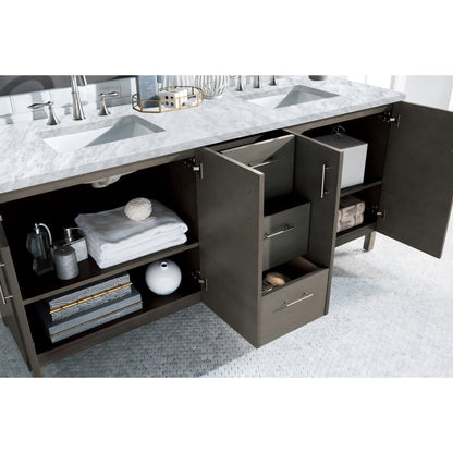 James Martin Metropolitan 72" Double Silver Oak Bathroom Vanity With 1" Carrara Marble Top and Rectangular Ceramic Sink