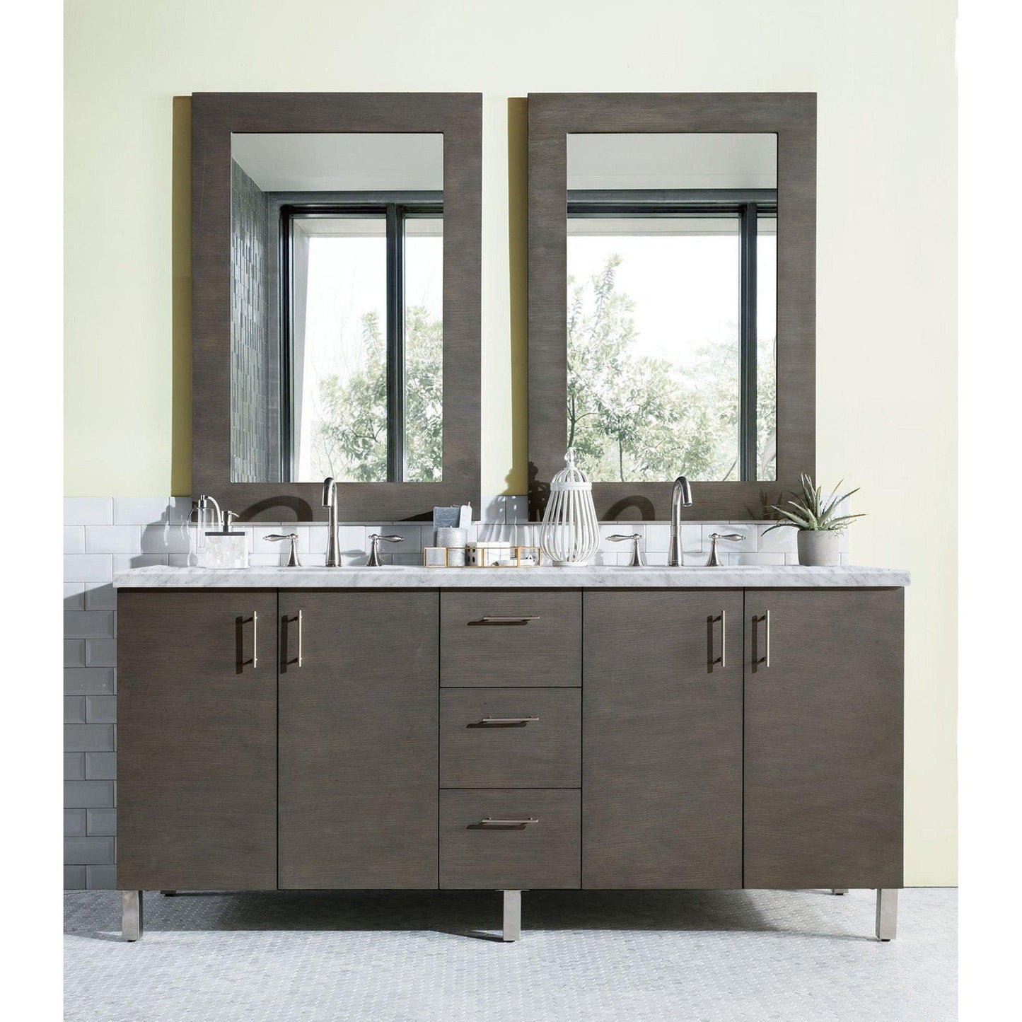 James Martin Metropolitan 72" Double Silver Oak Bathroom Vanity With 1" Carrara Marble Top and Rectangular Ceramic Sink