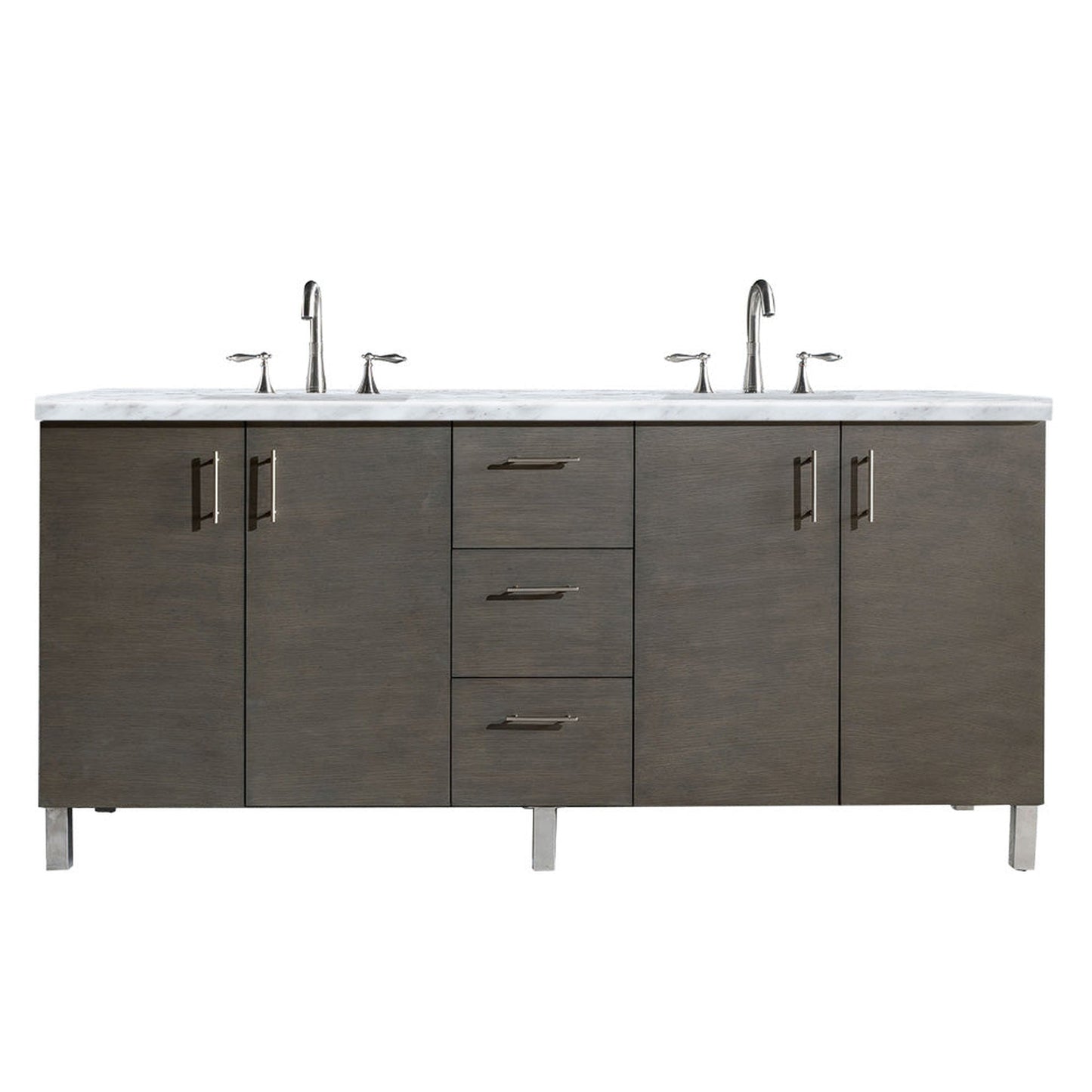 James Martin Metropolitan 72" Double Silver Oak Bathroom Vanity With 1" Carrara Marble Top and Rectangular Ceramic Sink