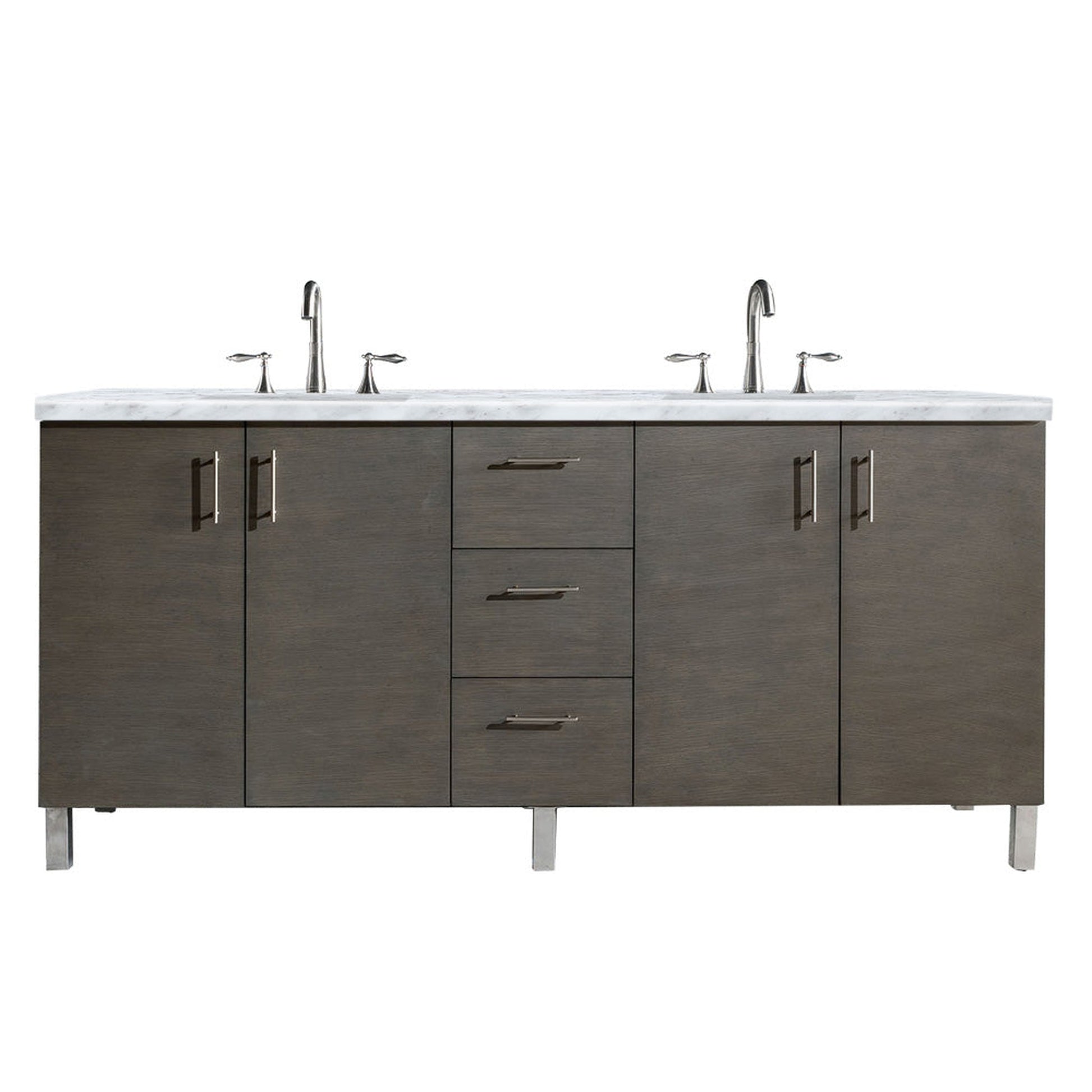 James Martin Metropolitan 72" Double Silver Oak Bathroom Vanity With 1" Carrara Marble Top and Rectangular Ceramic Sink