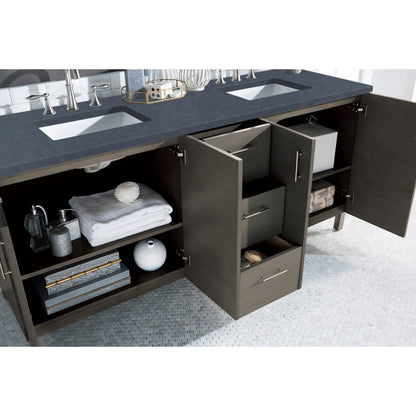 James Martin Metropolitan 72" Double Silver Oak Bathroom Vanity With 1" Charcoal Soapstone Quartz Top and Rectangular Ceramic Sink