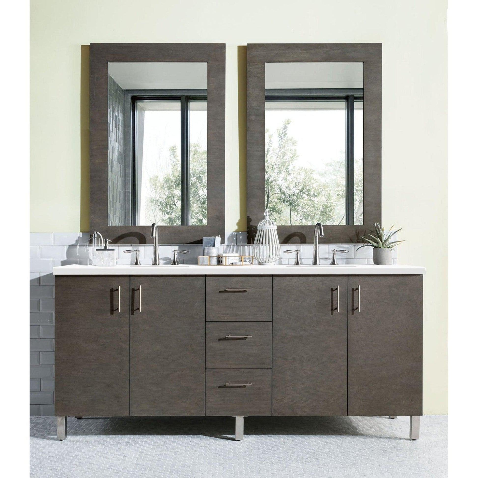 James Martin Metropolitan 72" Double Silver Oak Bathroom Vanity With 1" Classic White Quartz Top and Rectangular Ceramic Sink