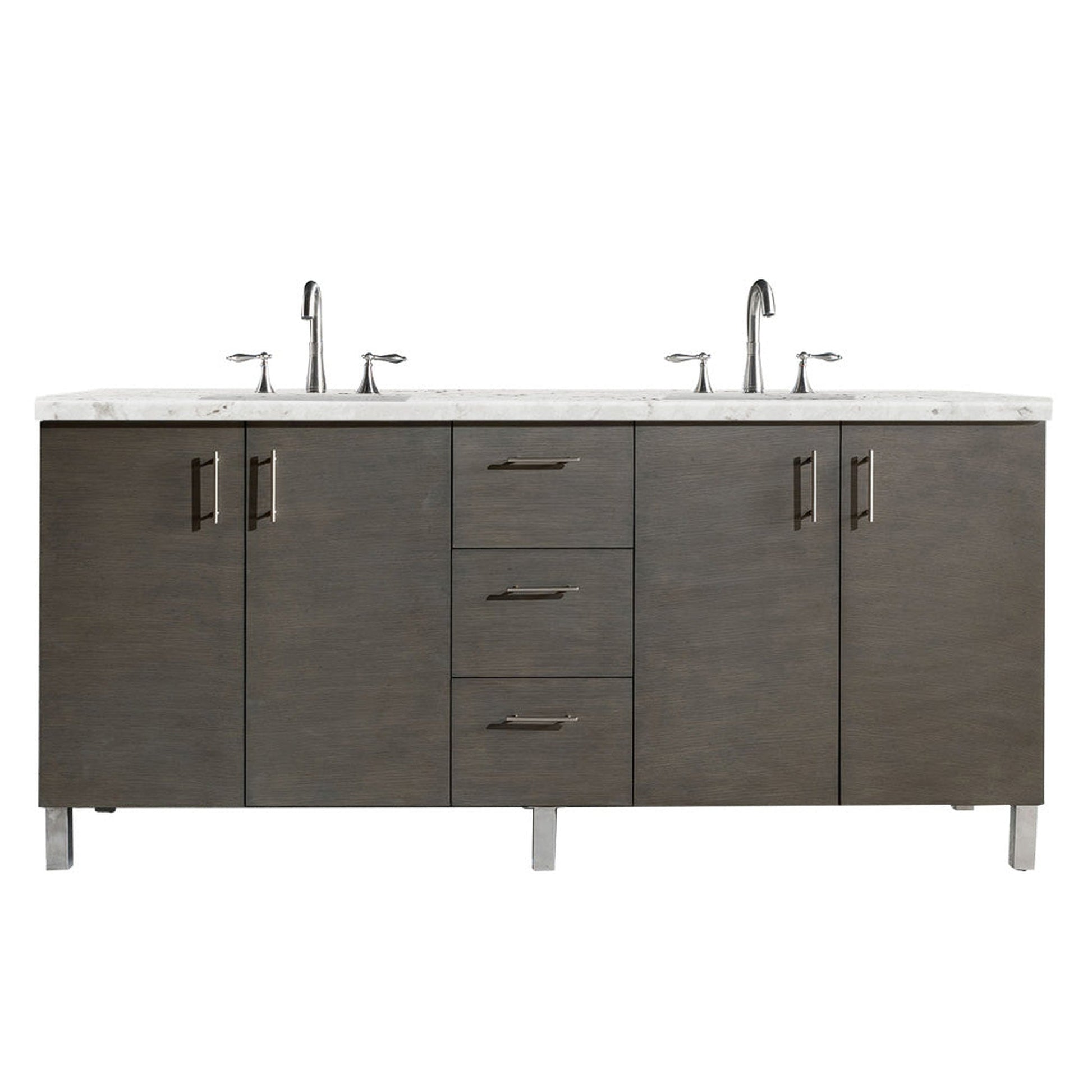 James Martin Metropolitan 72" Double Silver Oak Bathroom Vanity With 1" Eternal Jasmine Pearl Quartz Top and Rectangular Ceramic Sink