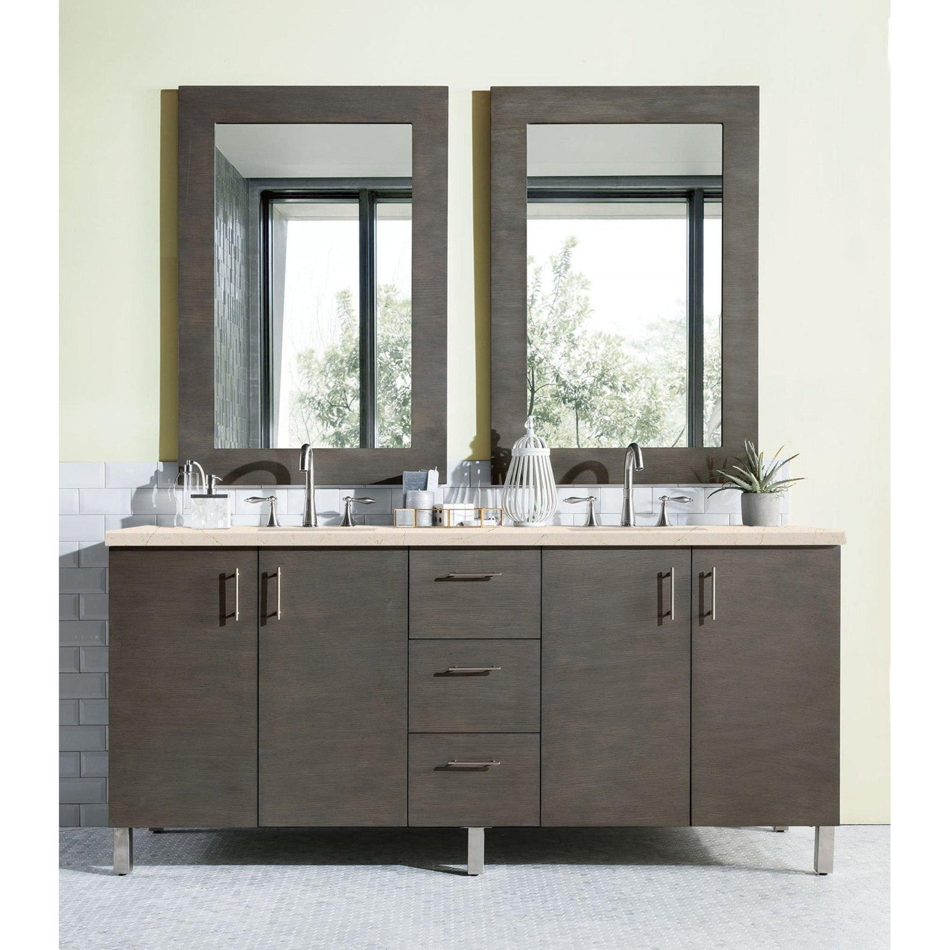 James Martin Metropolitan 72" Double Silver Oak Bathroom Vanity With 1" Eternal Marfil Quartz Top and Rectangular Ceramic Sink