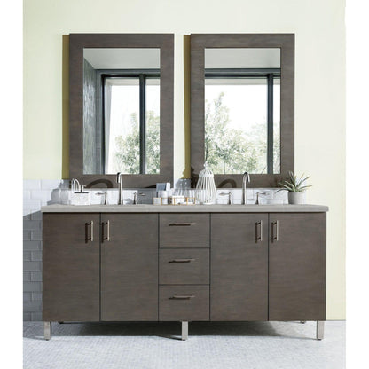 James Martin Metropolitan 72" Double Silver Oak Bathroom Vanity With 1" Eternal Serena Quartz Top and Rectangular Ceramic Sink