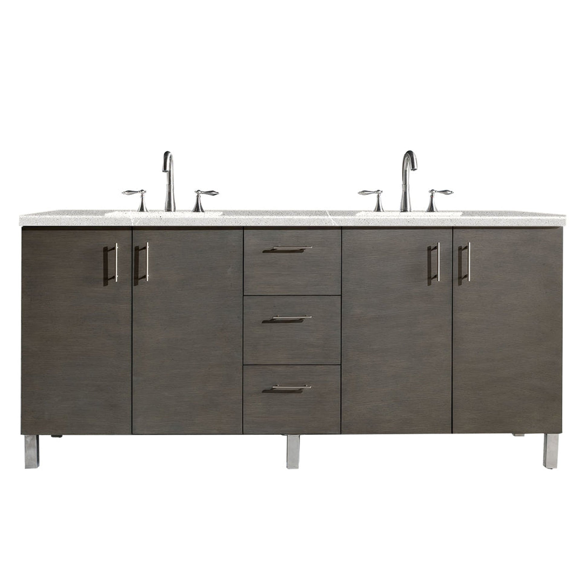 James Martin Metropolitan 72" Double Silver Oak Bathroom Vanity With 1" Eternal Serena Quartz Top and Rectangular Ceramic Sink