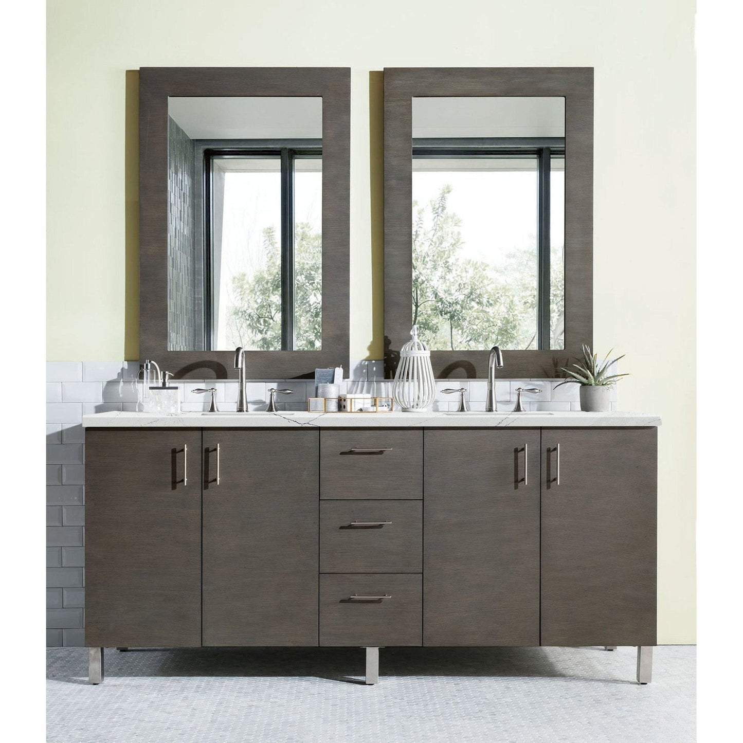 James Martin Metropolitan 72" Double Silver Oak Bathroom Vanity With 1" Ethereal Noctis Quartz Top and Rectangular Ceramic Sink