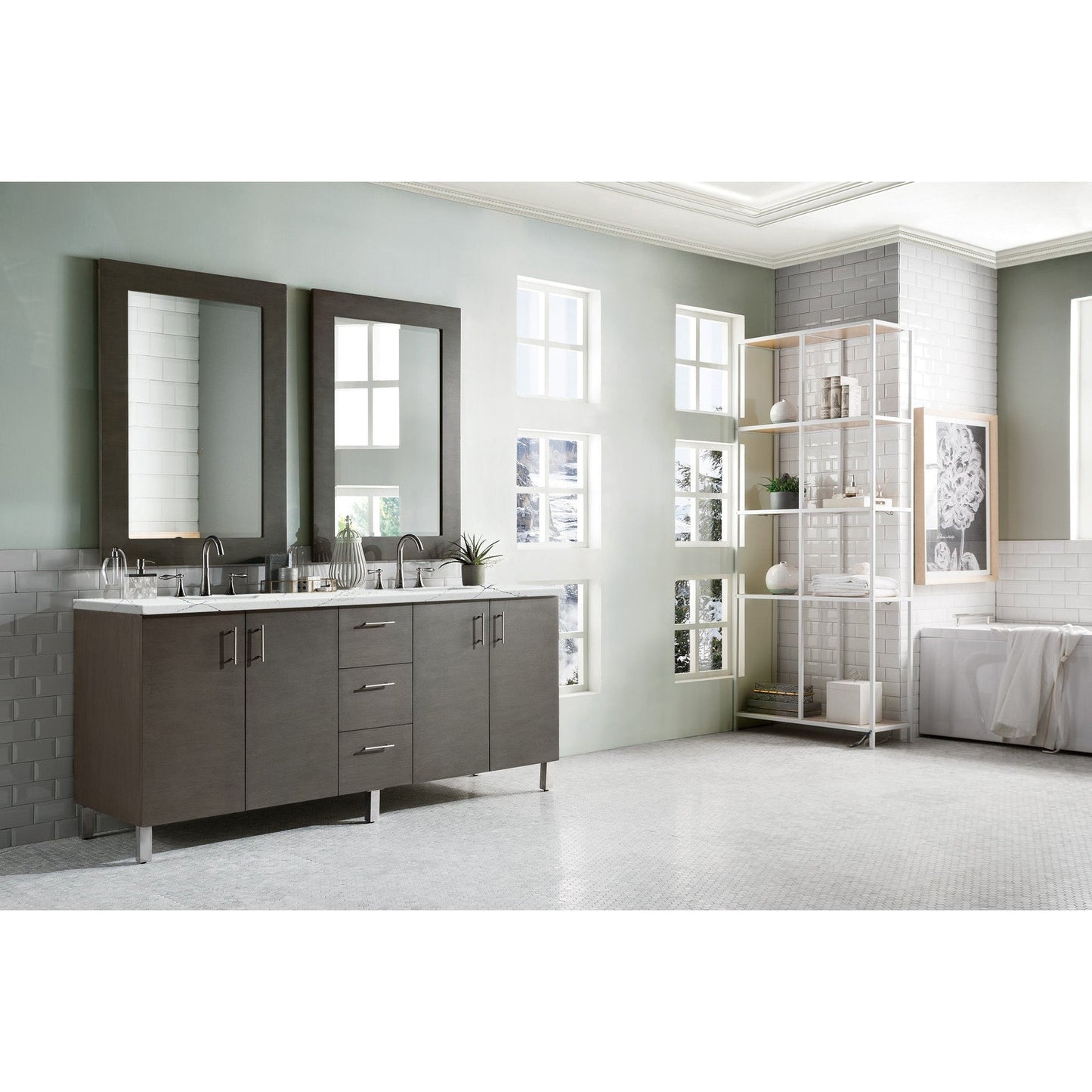 James Martin Metropolitan 72" Double Silver Oak Bathroom Vanity With 1" Ethereal Noctis Quartz Top and Rectangular Ceramic Sink