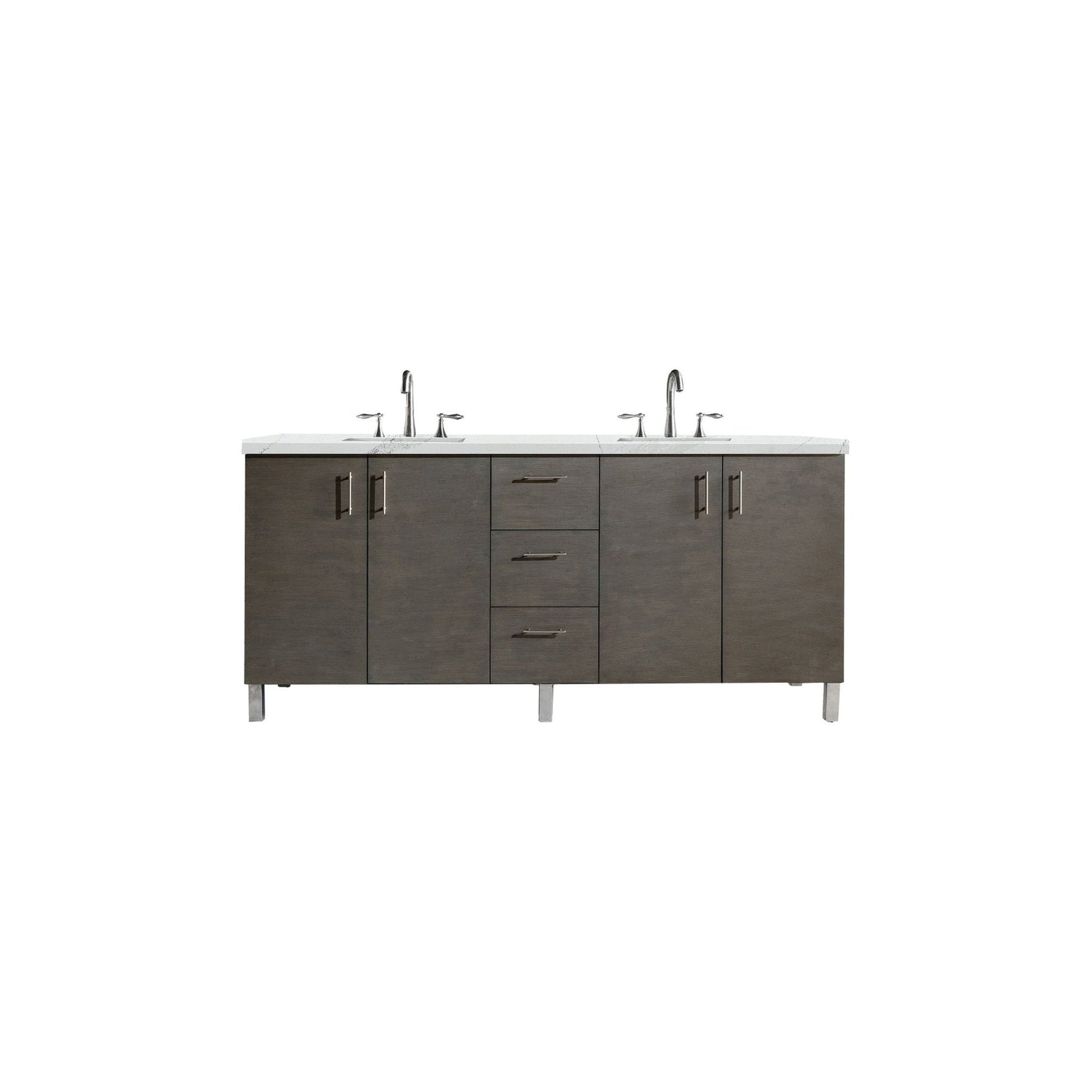 James Martin Metropolitan 72" Double Silver Oak Bathroom Vanity With 1" Ethereal Noctis Quartz Top and Rectangular Ceramic Sink