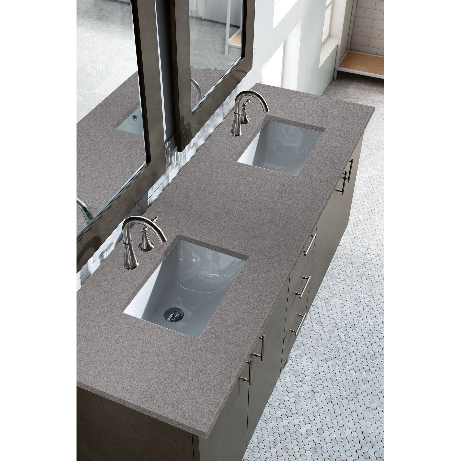 James Martin Metropolitan 72" Double Silver Oak Bathroom Vanity With 1" Gray Expo Quartz Top and Rectangular Ceramic Sink